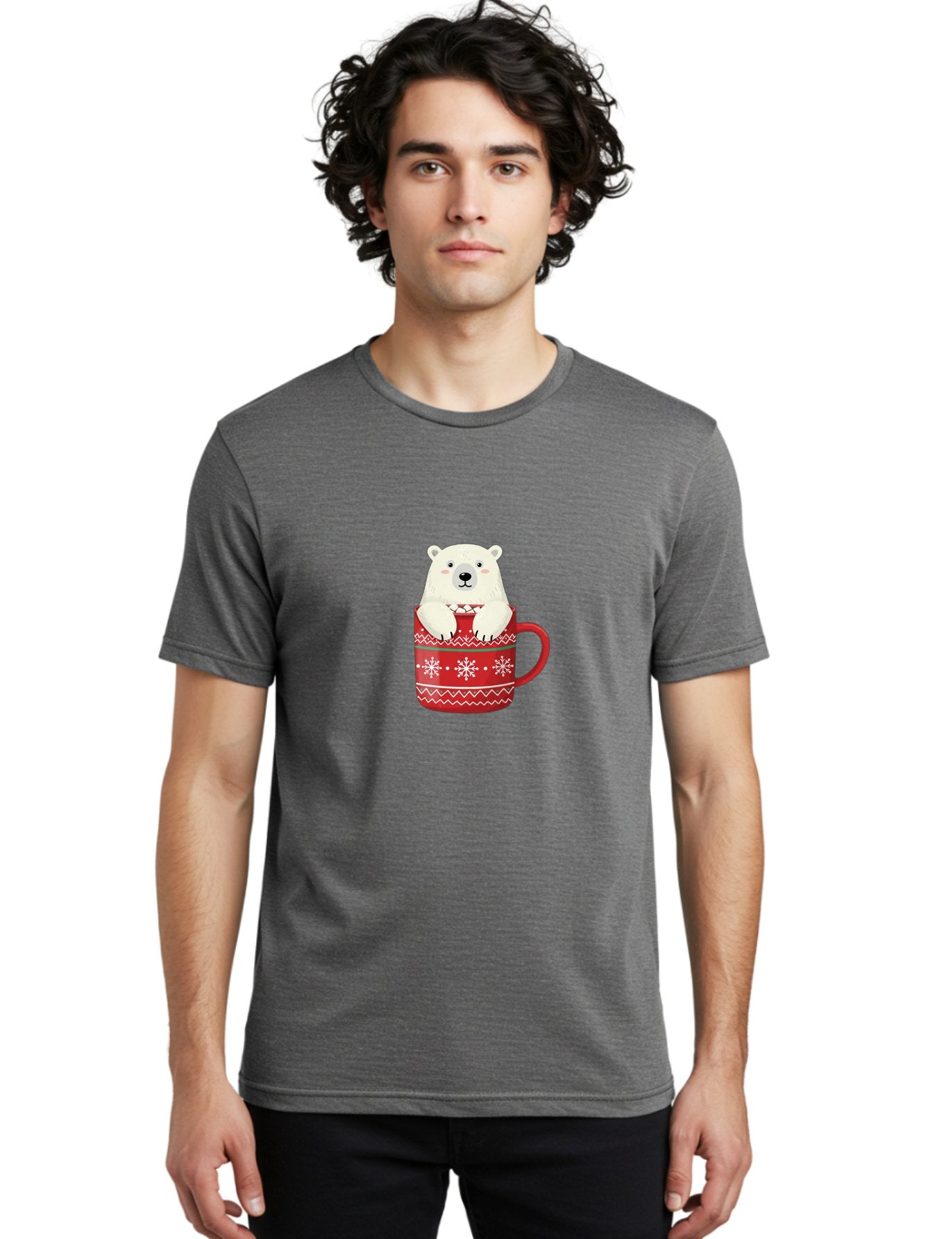 Polar-Bear-In-Mug-1 Men'S Graphic Tee, 100% Cotton, Comfortable Casual Summer Wear, Machine Washable, Polar Bear In A Mug, Christmas Mug, Red Mug, Snowflakes, White Bear, Funny Bear, Cartoon Character, Winter Theme, Festive Design, Bae655 30