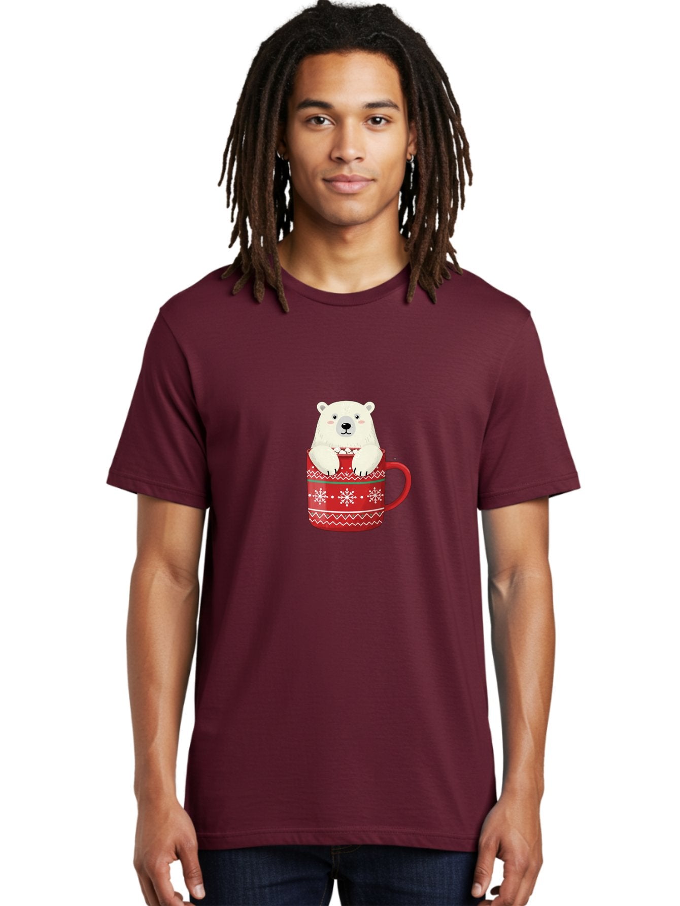Polar-Bear-In-Mug-1 Men'S Graphic Tee, 100% Cotton, Comfortable Casual Summer Wear, Machine Washable, Polar Bear In A Mug, Christmas Mug, Red Mug, Snowflakes, White Bear, Funny Bear, Cartoon Character, Winter Theme, Festive Design, Bae655 26