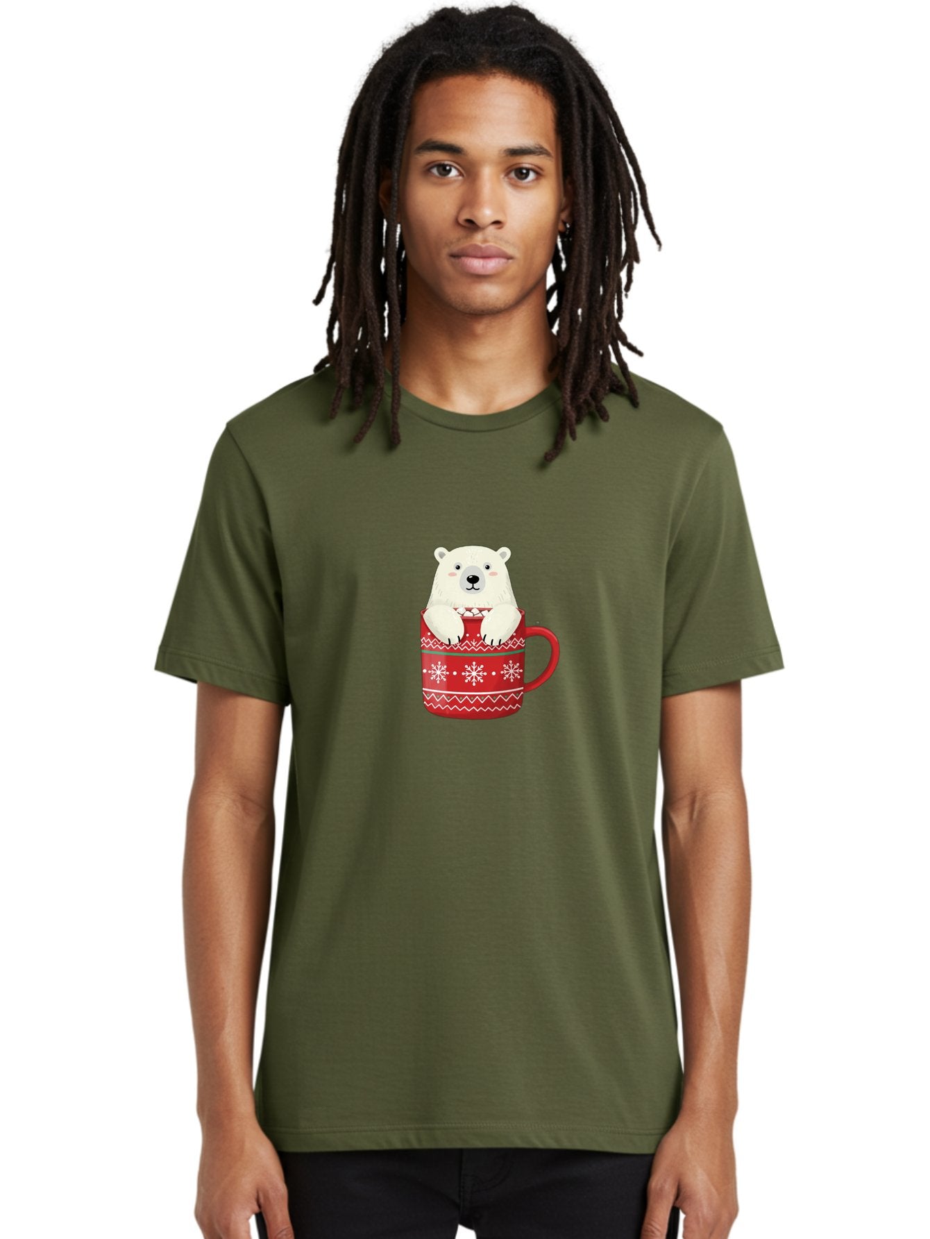 Polar-Bear-In-Mug-1 Men'S Graphic Tee, 100% Cotton, Comfortable Casual Summer Wear, Machine Washable, Polar Bear In A Mug, Christmas Mug, Red Mug, Snowflakes, White Bear, Funny Bear, Cartoon Character, Winter Theme, Festive Design, Bae655 24