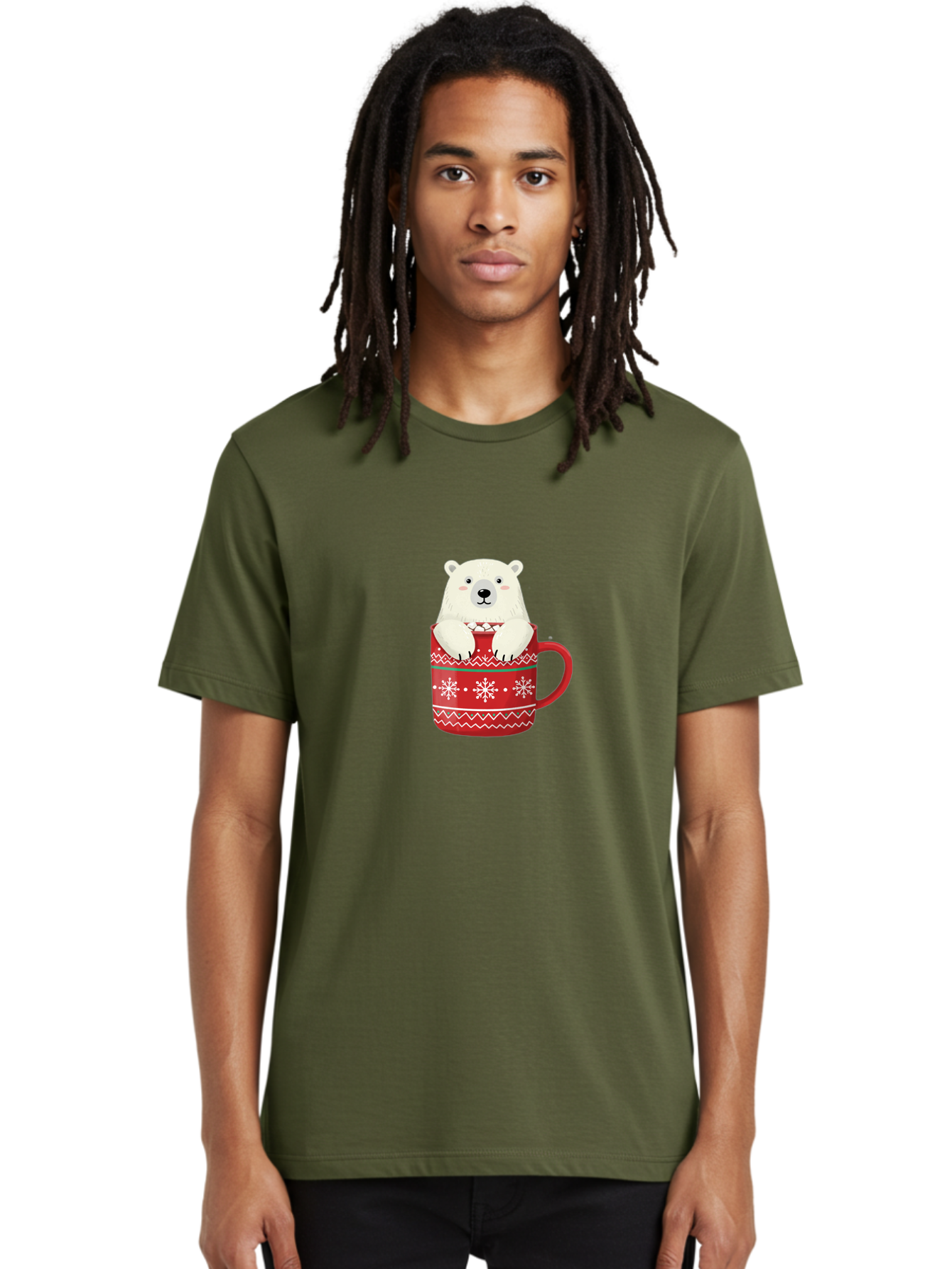 Polar-Bear-In-Mug-1 Men'S Graphic Tee, 100% Cotton, Comfortable Casual Summer Wear, Machine Washable, Polar Bear In A Mug, Christmas Mug, Red Mug, Snowflakes, White Bear, Funny Bear, Cartoon Character, Winter Theme, Festive Design, Bae655 22