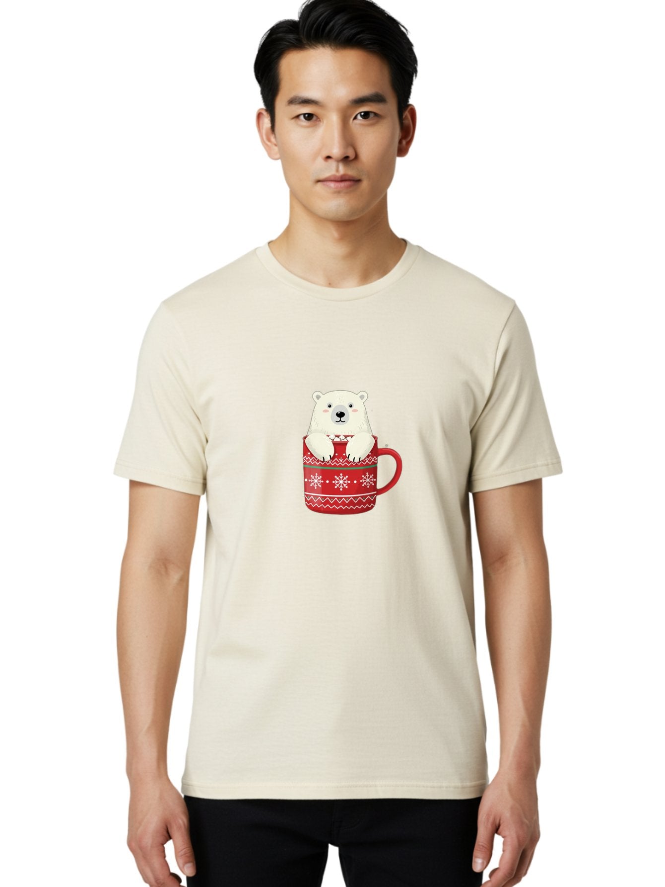 Polar-Bear-In-Mug-1 Men'S Graphic Tee, 100% Cotton, Comfortable Casual Summer Wear, Machine Washable, Polar Bear In A Mug, Christmas Mug, Red Mug, Snowflakes, White Bear, Funny Bear, Cartoon Character, Winter Theme, Festive Design, Bae655 23