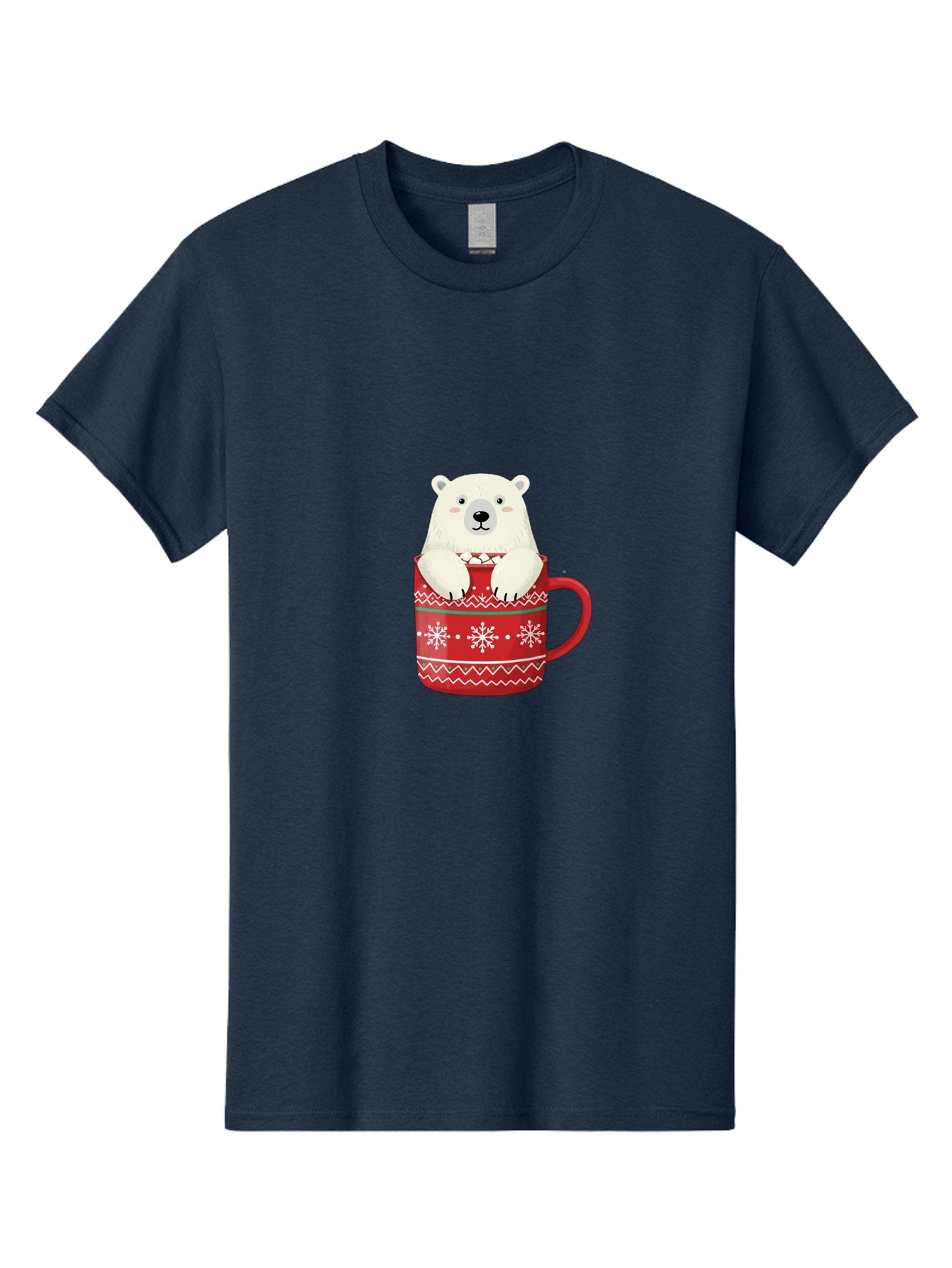 Polar-Bear-In-Mug-1 Men'S Graphic Tee, 100% Cotton, Comfortable Casual Summer Wear, Machine Washable, Polar Bear In A Mug, Christmas Mug, Red Mug, Snowflakes, White Bear, Funny Bear, Cartoon Character, Winter Theme, Festive Design, Bae655