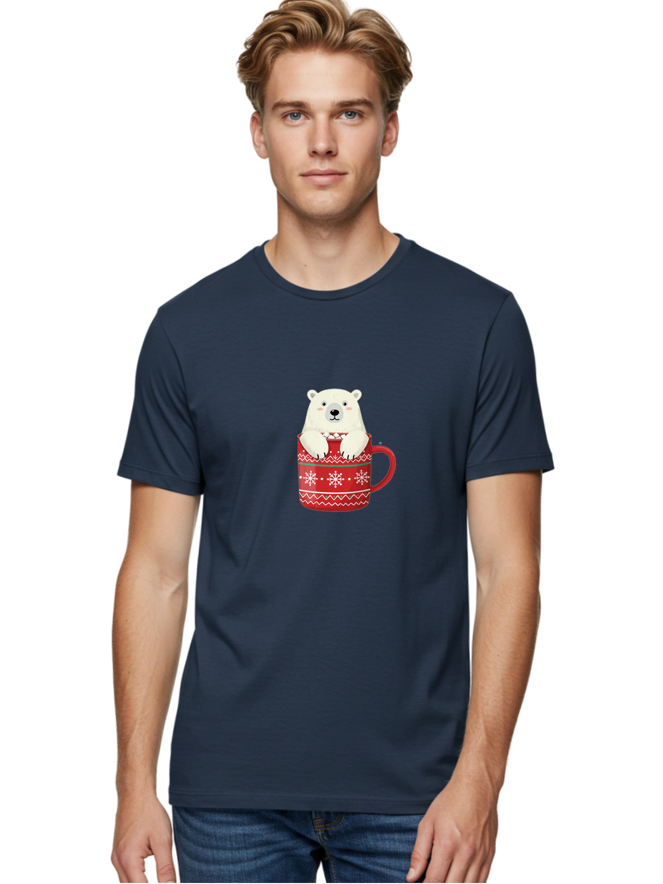 Polar-Bear-In-Mug-1 Men'S Graphic Tee, 100% Cotton, Comfortable Casual Summer Wear, Machine Washable, Polar Bear In A Mug, Christmas Mug, Red Mug, Snowflakes, White Bear, Funny Bear, Cartoon Character, Winter Theme, Festive Design, Bae655 26