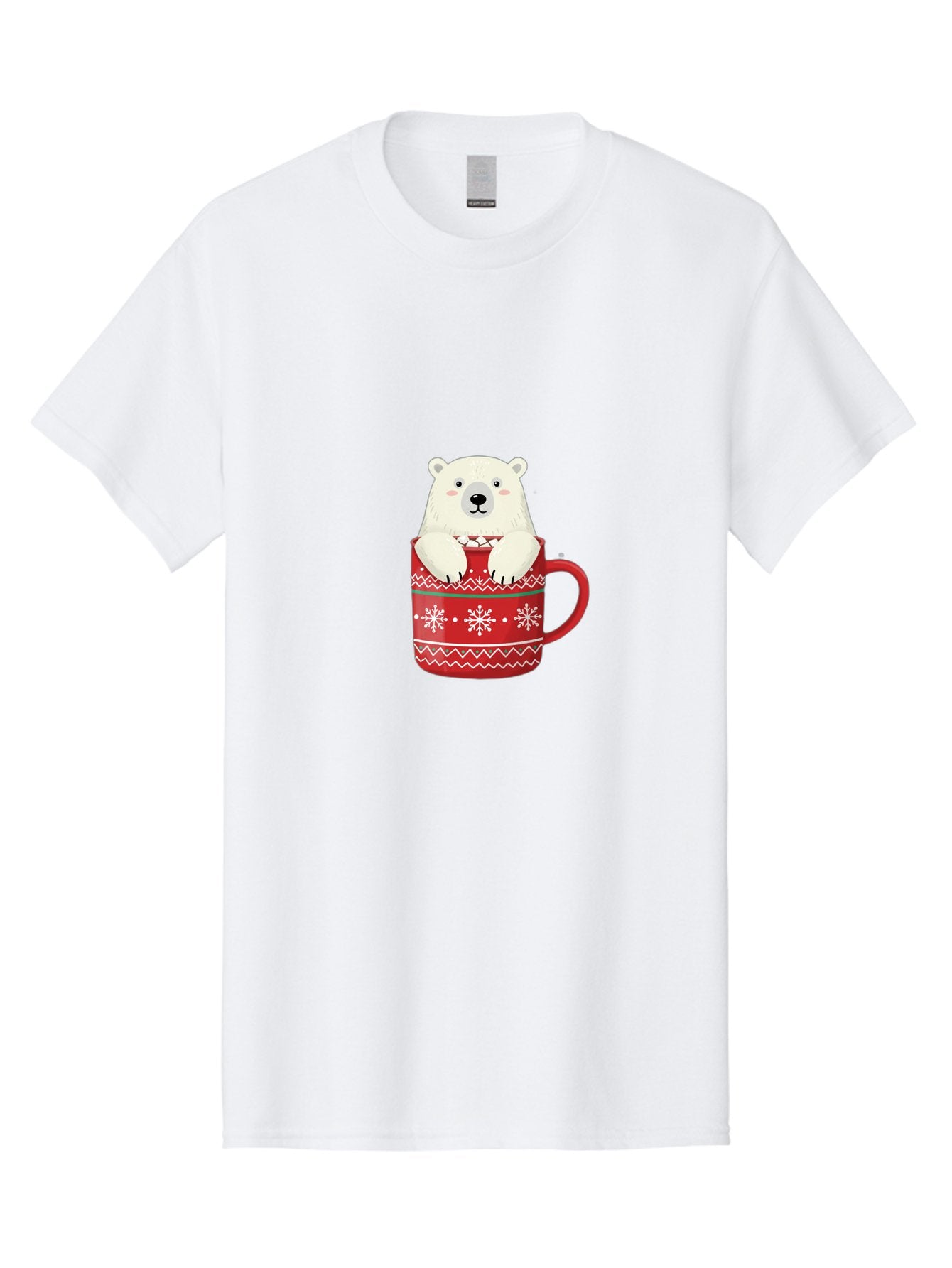 Polar-Bear-In-Mug-1 Men'S Graphic Tee, 100% Cotton, Comfortable Casual Summer Wear, Machine Washable, Polar Bear In A Mug, Christmas Mug, Red Mug, Snowflakes, White Bear, Funny Bear, Cartoon Character, Winter Theme, Festive Design, Bae655 14