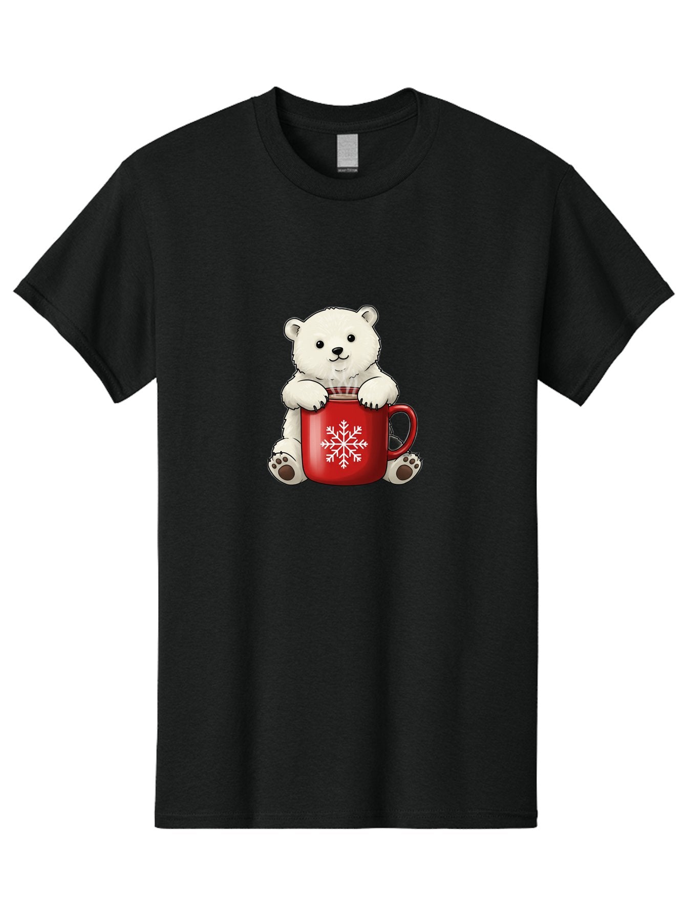 Polar-Bear-In-Mug Men'S Graphic Tee, 100% Cotton, Comfortable Casual Summer Wear, Machine Washable, Polar Bear Holding Red Mug, Snowflake Design, Winter Theme, Christmas Gift, Cute Cartoon Character, Adorable Polar Bear, Holiday Vibes, Bae657