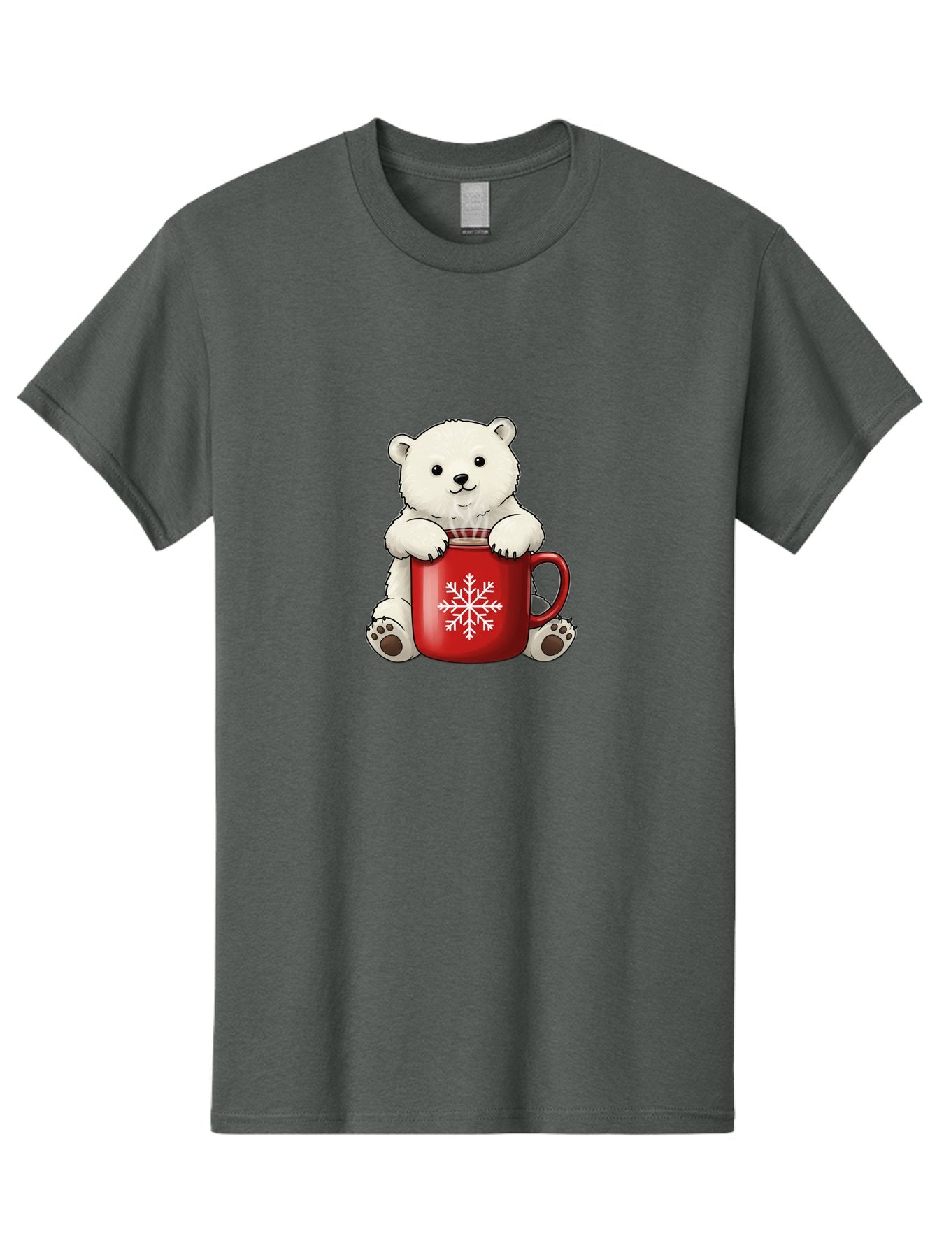 Polar-Bear-In-Mug Men'S Graphic Tee, 100% Cotton, Comfortable Casual Summer Wear, Machine Washable, Polar Bear Holding Red Mug, Snowflake Design, Winter Theme, Christmas Gift, Cute Cartoon Character, Adorable Polar Bear, Holiday Vibes, Bae657 5