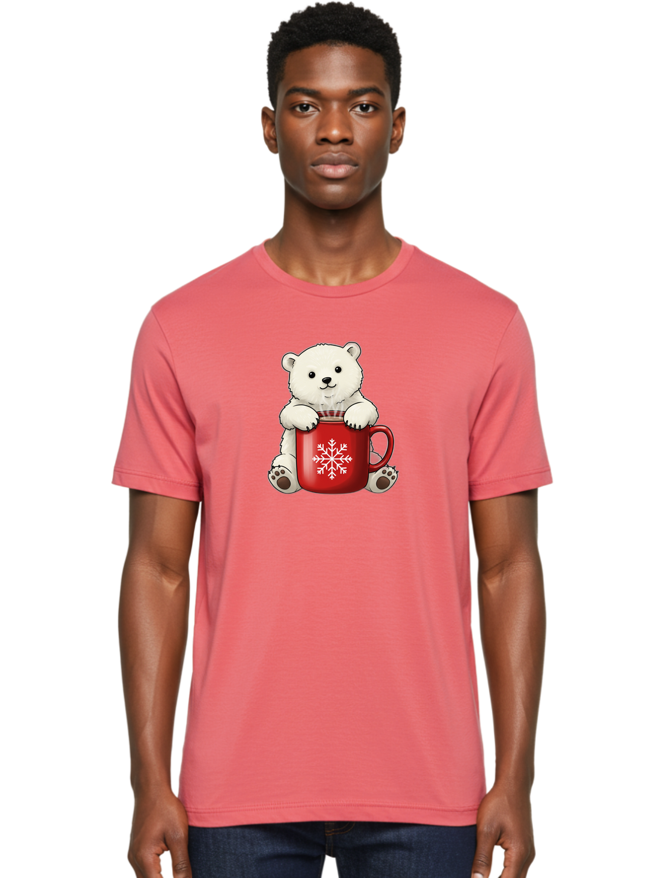 Polar-Bear-In-Mug Men'S Graphic Tee, 100% Cotton, Comfortable Casual Summer Wear, Machine Washable, Polar Bear Holding Red Mug, Snowflake Design, Winter Theme, Christmas Gift, Cute Cartoon Character, Adorable Polar Bear, Holiday Vibes, Bae657 25
