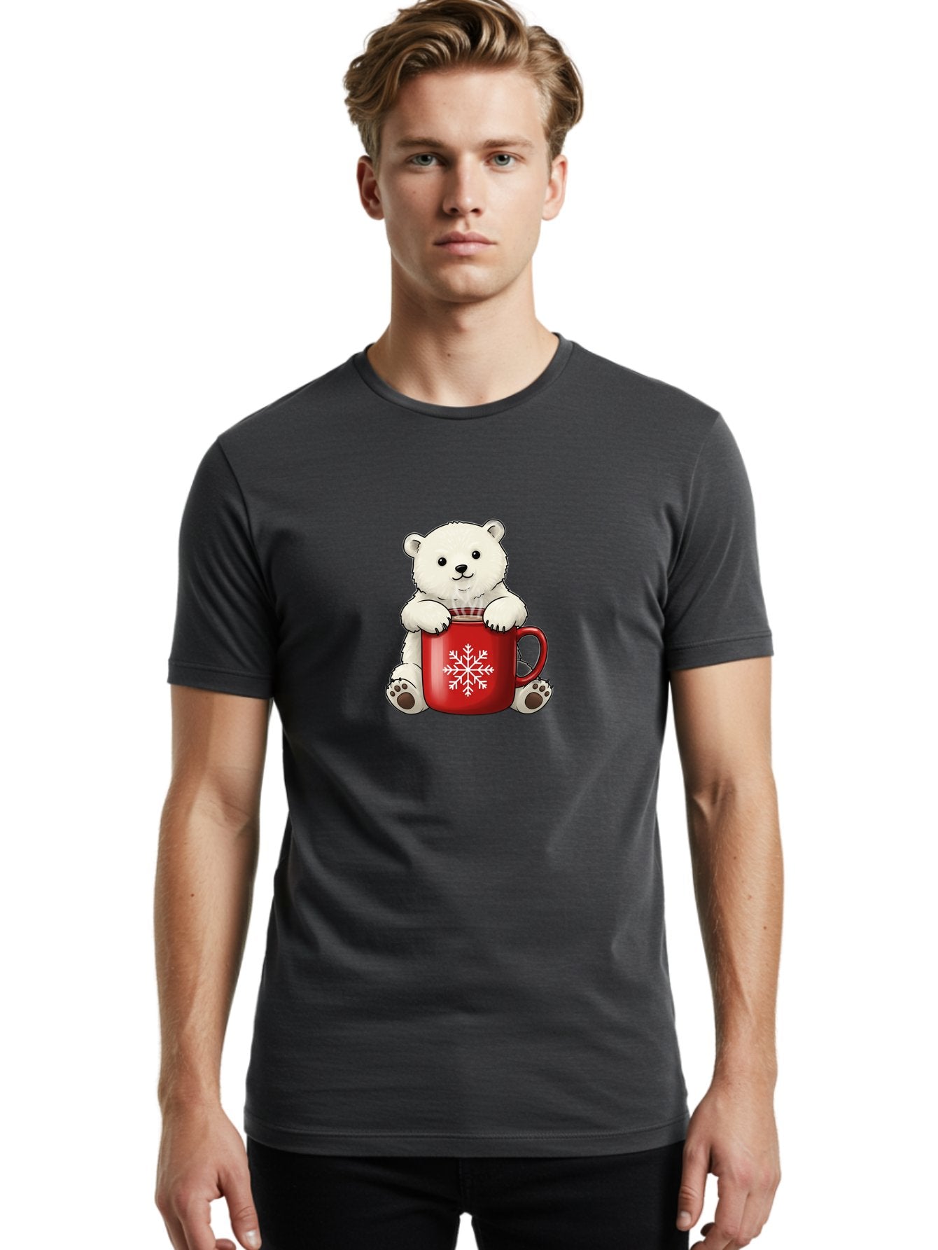 Polar-Bear-In-Mug Men'S Graphic Tee, 100% Cotton, Comfortable Casual Summer Wear, Machine Washable, Polar Bear Holding Red Mug, Snowflake Design, Winter Theme, Christmas Gift, Cute Cartoon Character, Adorable Polar Bear, Holiday Vibes, Bae657 29