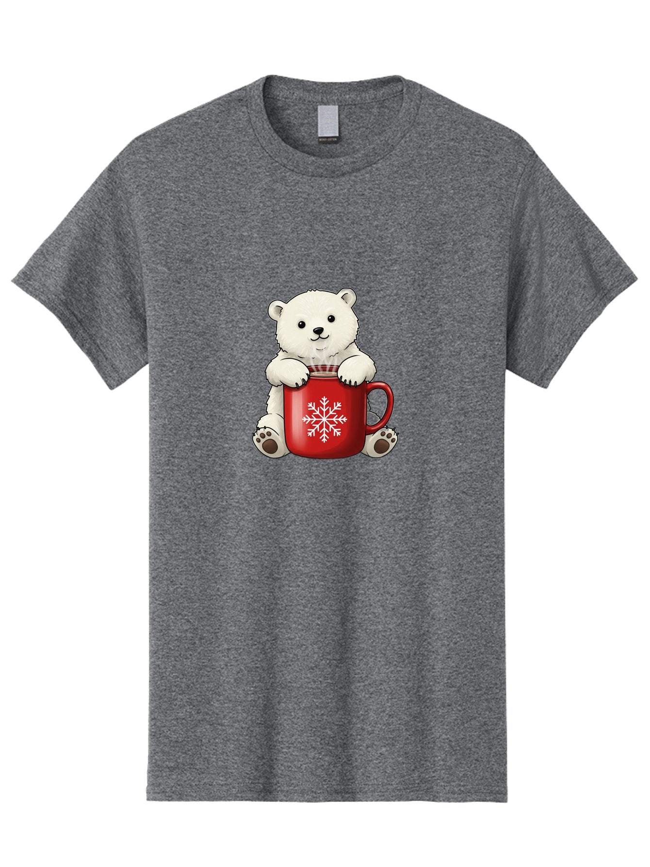 Polar-Bear-In-Mug Men'S Graphic Tee, 100% Cotton, Comfortable Casual Summer Wear, Machine Washable, Polar Bear Holding Red Mug, Snowflake Design, Winter Theme, Christmas Gift, Cute Cartoon Character, Adorable Polar Bear, Holiday Vibes, Bae657 7