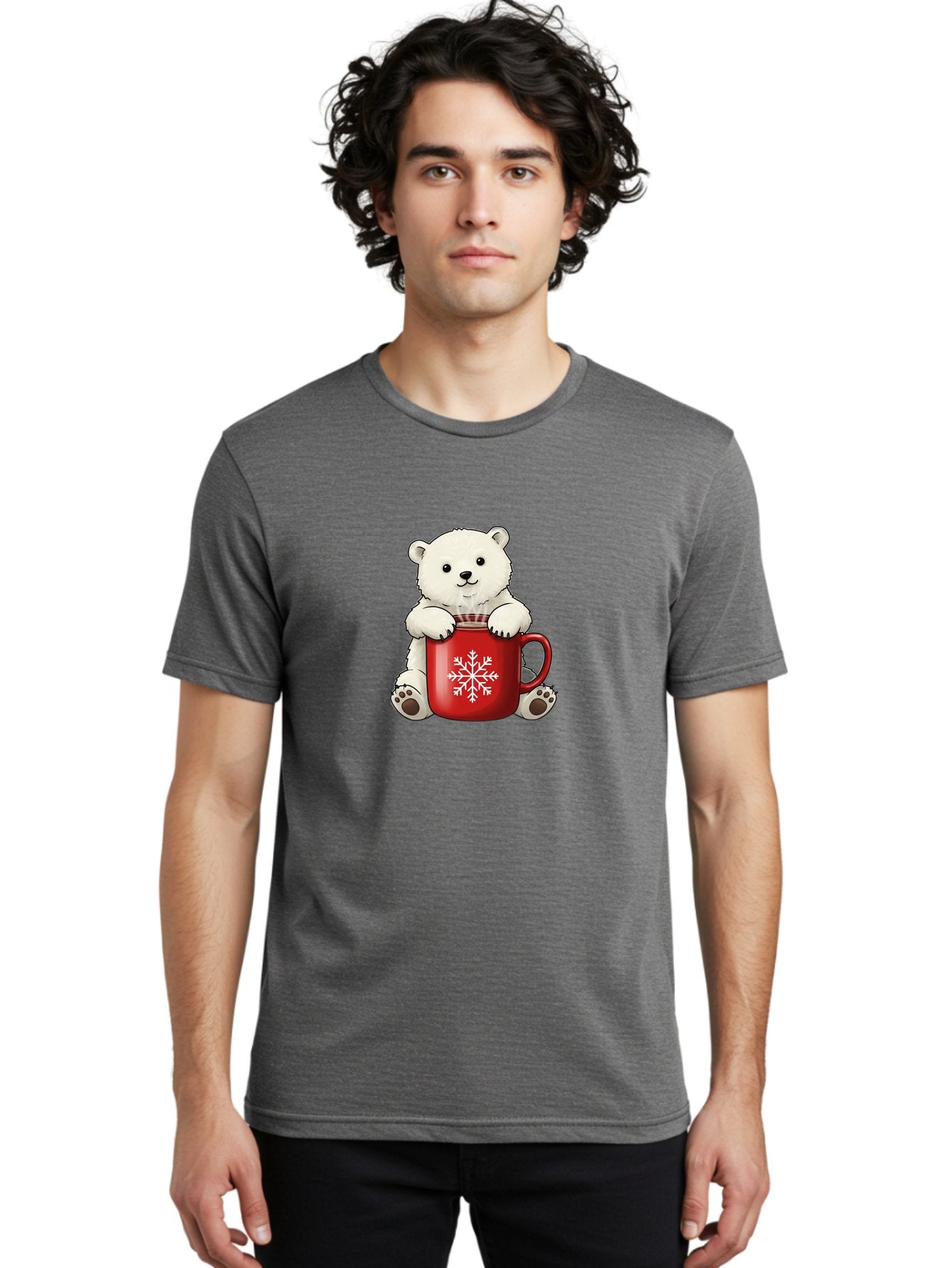 Polar-Bear-In-Mug Men'S Graphic Tee, 100% Cotton, Comfortable Casual Summer Wear, Machine Washable, Polar Bear Holding Red Mug, Snowflake Design, Winter Theme, Christmas Gift, Cute Cartoon Character, Adorable Polar Bear, Holiday Vibes, Bae657 16