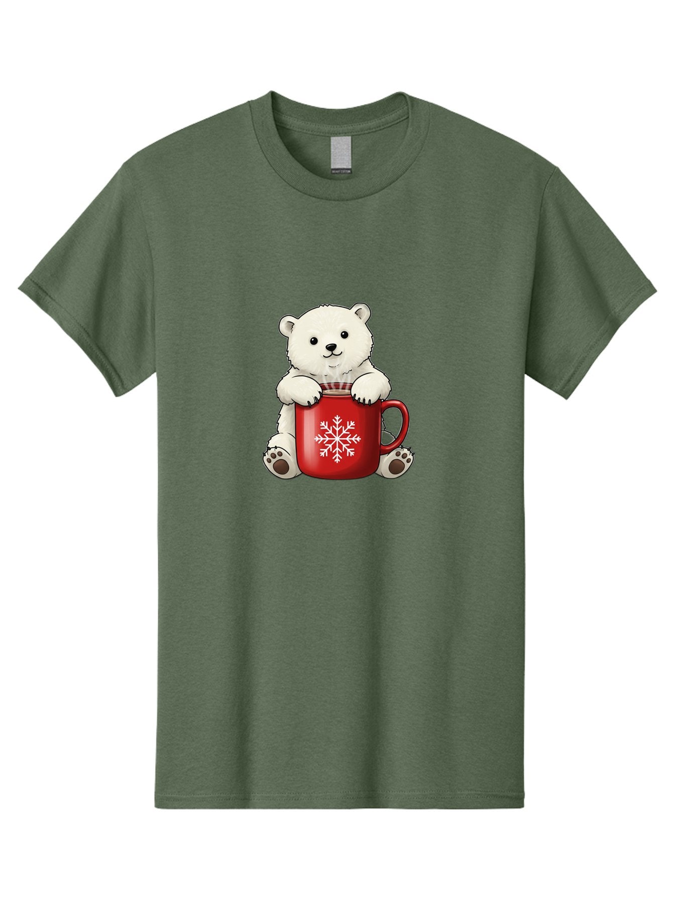 Polar-Bear-In-Mug Men'S Graphic Tee, 100% Cotton, Comfortable Casual Summer Wear, Machine Washable, Polar Bear Holding Red Mug, Snowflake Design, Winter Theme, Christmas Gift, Cute Cartoon Character, Adorable Polar Bear, Holiday Vibes, Bae657 8
