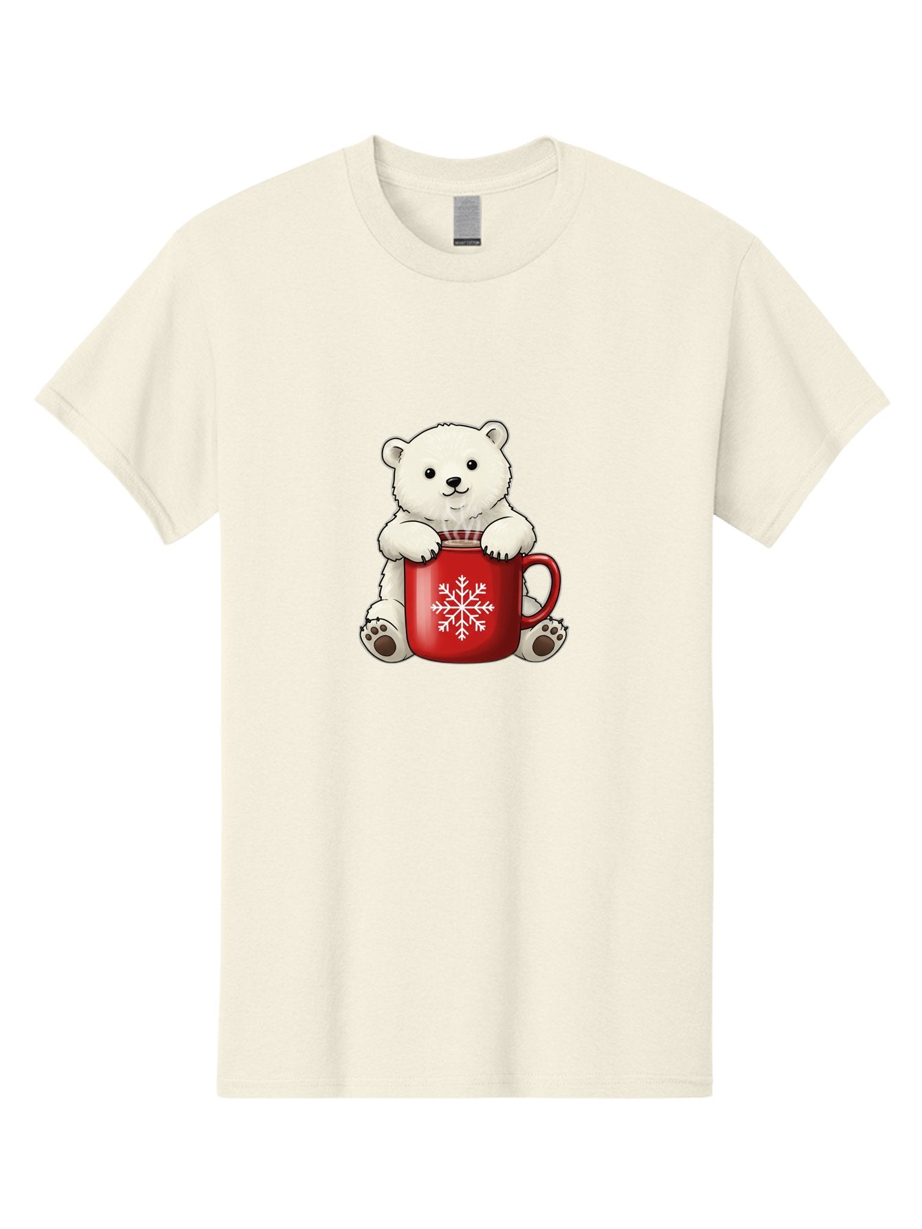 Polar-Bear-In-Mug Men'S Graphic Tee, 100% Cotton, Comfortable Casual Summer Wear, Machine Washable, Polar Bear Holding Red Mug, Snowflake Design, Winter Theme, Christmas Gift, Cute Cartoon Character, Adorable Polar Bear, Holiday Vibes, Bae657 4