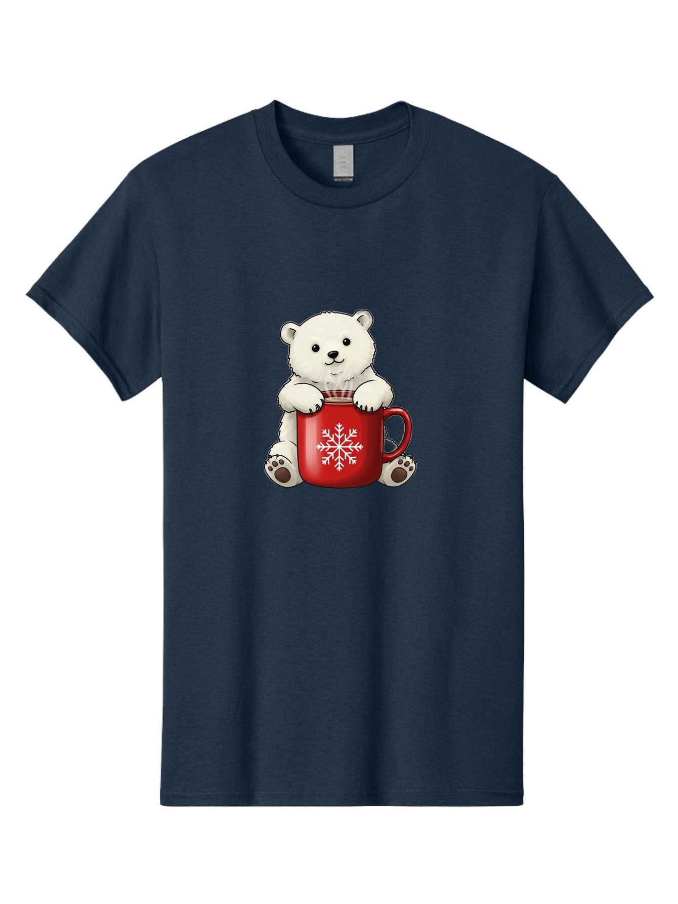 Polar-Bear-In-Mug Men'S Graphic Tee, 100% Cotton, Comfortable Casual Summer Wear, Machine Washable, Polar Bear Holding Red Mug, Snowflake Design, Winter Theme, Christmas Gift, Cute Cartoon Character, Adorable Polar Bear, Holiday Vibes, Bae657 6
