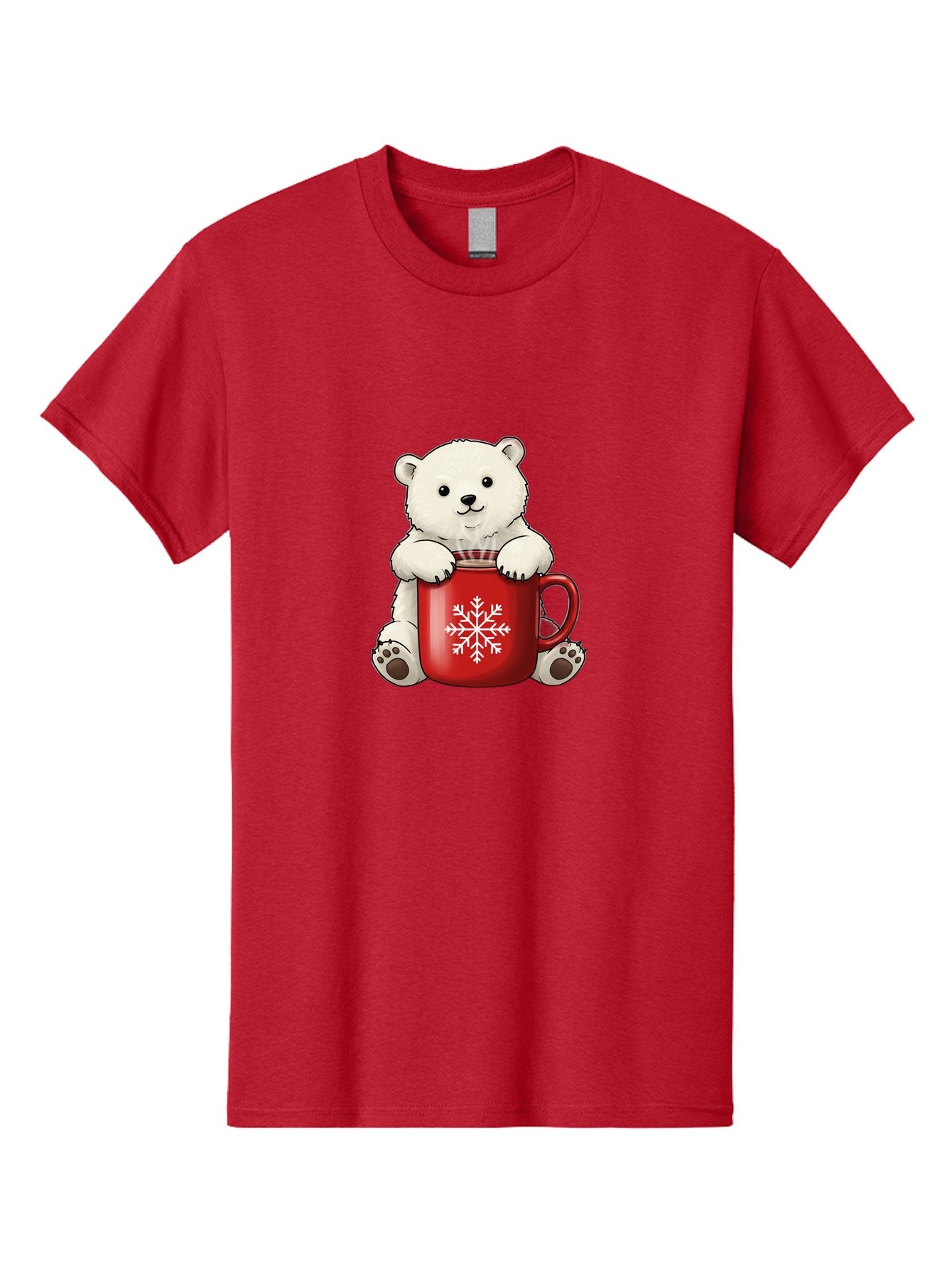 Polar-Bear-In-Mug Men'S Graphic Tee, 100% Cotton, Comfortable Casual Summer Wear, Machine Washable, Polar Bear Holding Red Mug, Snowflake Design, Winter Theme, Christmas Gift, Cute Cartoon Character, Adorable Polar Bear, Holiday Vibes, Bae657 3