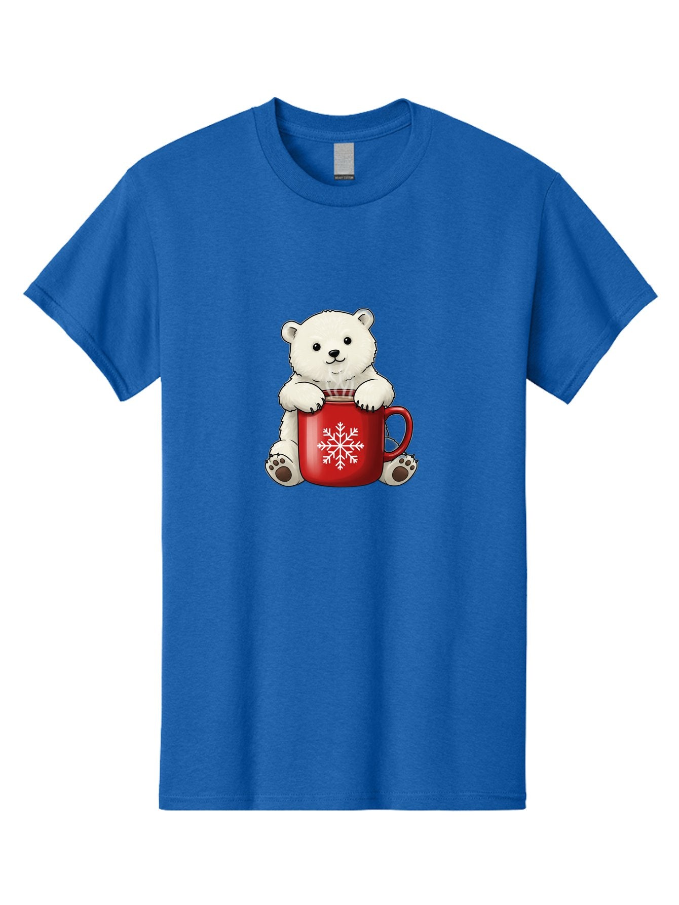 Polar-Bear-In-Mug Men'S Graphic Tee, 100% Cotton, Comfortable Casual Summer Wear, Machine Washable, Polar Bear Holding Red Mug, Snowflake Design, Winter Theme, Christmas Gift, Cute Cartoon Character, Adorable Polar Bear, Holiday Vibes, Bae657 12