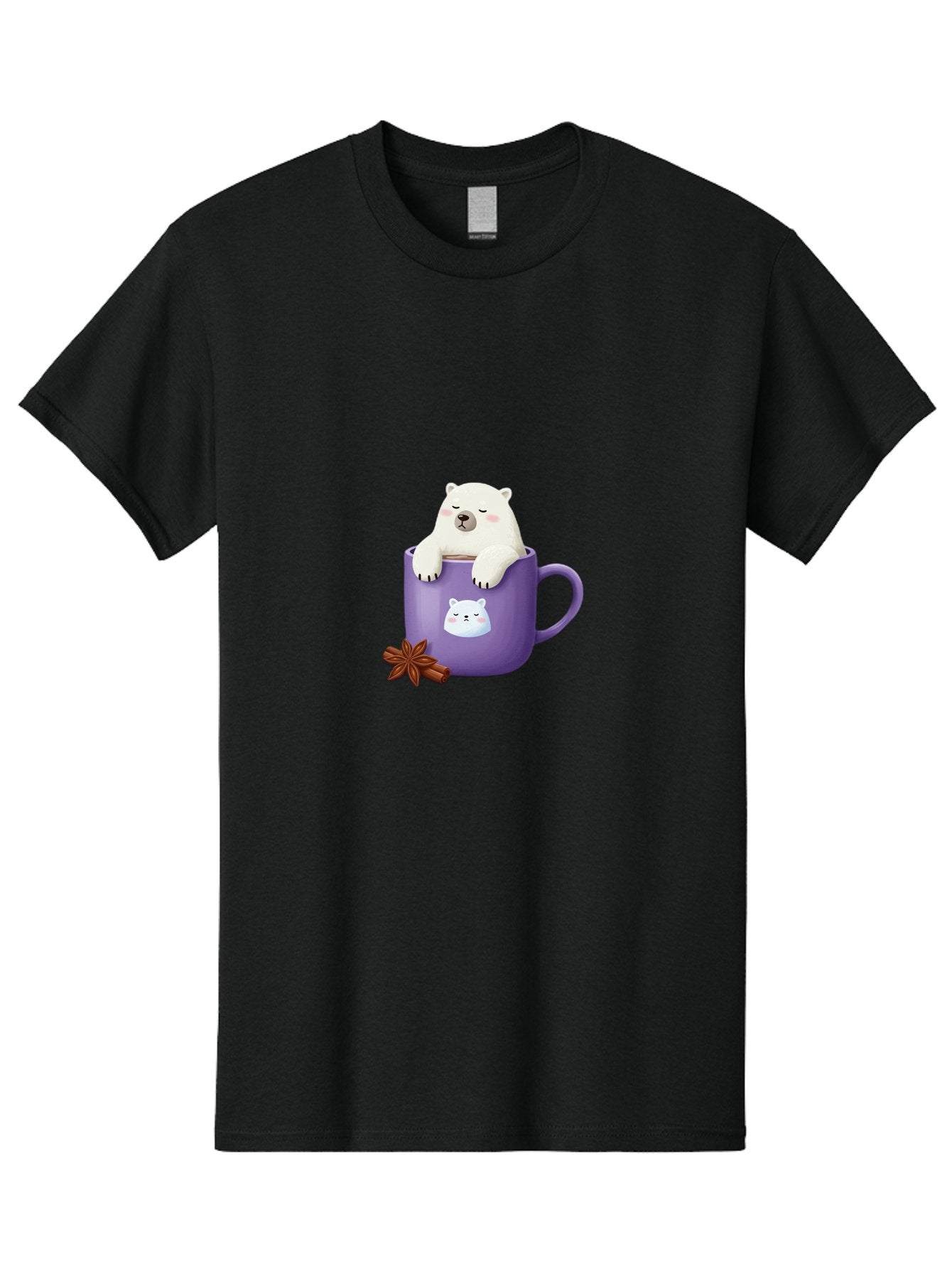 Polar-Bear-Mug-1 Men'S Graphic Tee, 100% Cotton, Comfortable Casual Summer Wear, Machine Washable, Polar Bear In A Tea Cup, Cute Bear Design, Adorable Cartoon Character, Purple Mug With Bear Face, Star Anise And Cinnamon Sticks, Bae658 9