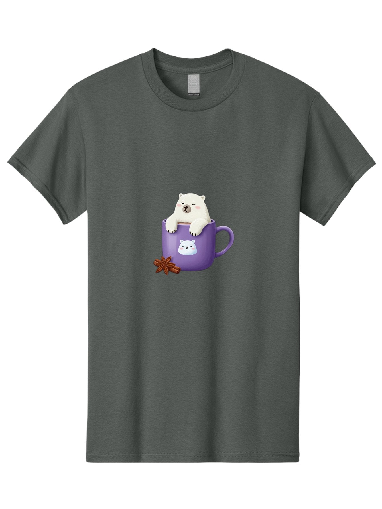 Polar-Bear-Mug-1 Men'S Graphic Tee, 100% Cotton, Comfortable Casual Summer Wear, Machine Washable, Polar Bear In A Tea Cup, Cute Bear Design, Adorable Cartoon Character, Purple Mug With Bear Face, Star Anise And Cinnamon Sticks, Bae658 15