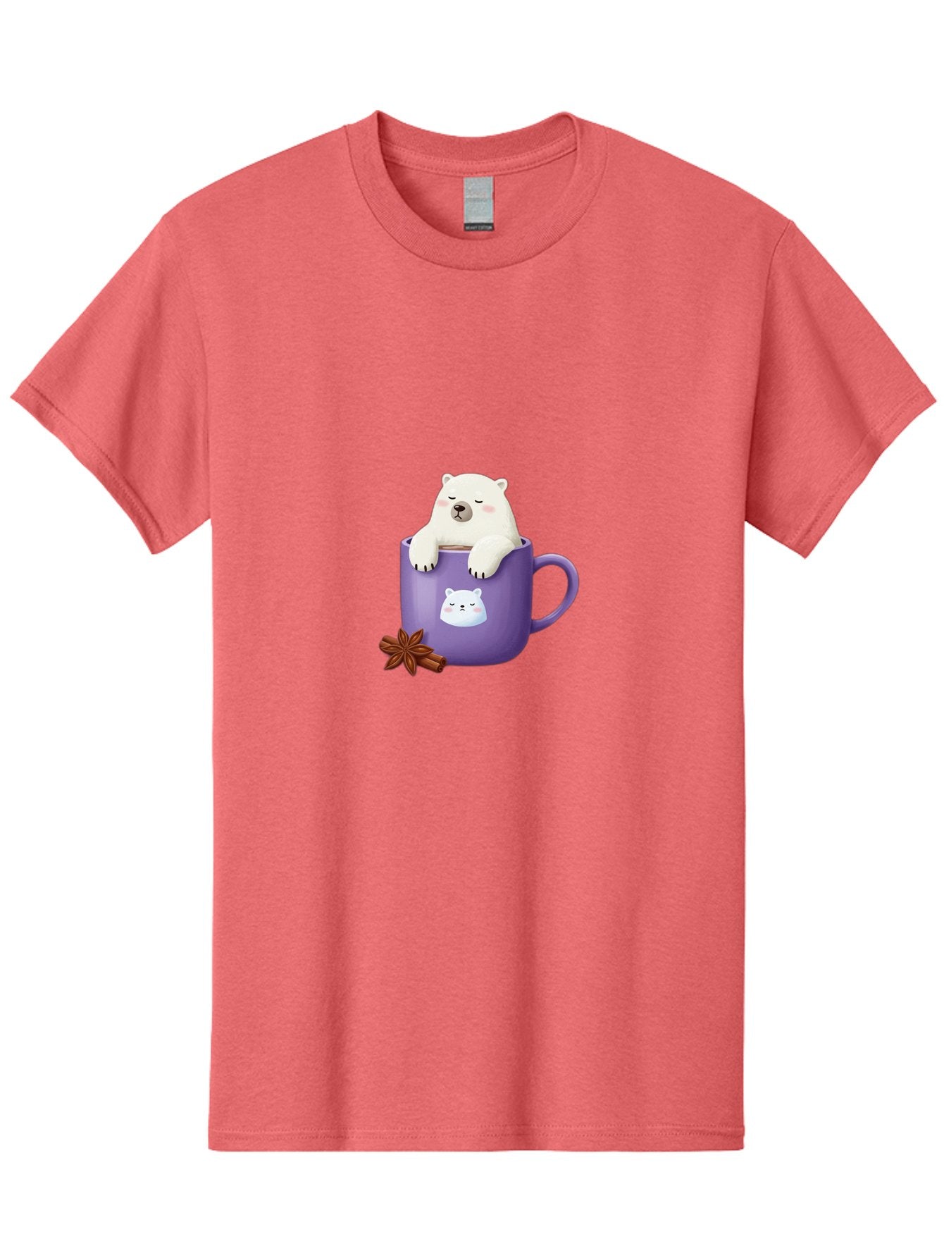 Polar-Bear-Mug-1 Men'S Graphic Tee, 100% Cotton, Comfortable Casual Summer Wear, Machine Washable, Polar Bear In A Tea Cup, Cute Bear Design, Adorable Cartoon Character, Purple Mug With Bear Face, Star Anise And Cinnamon Sticks, Bae658