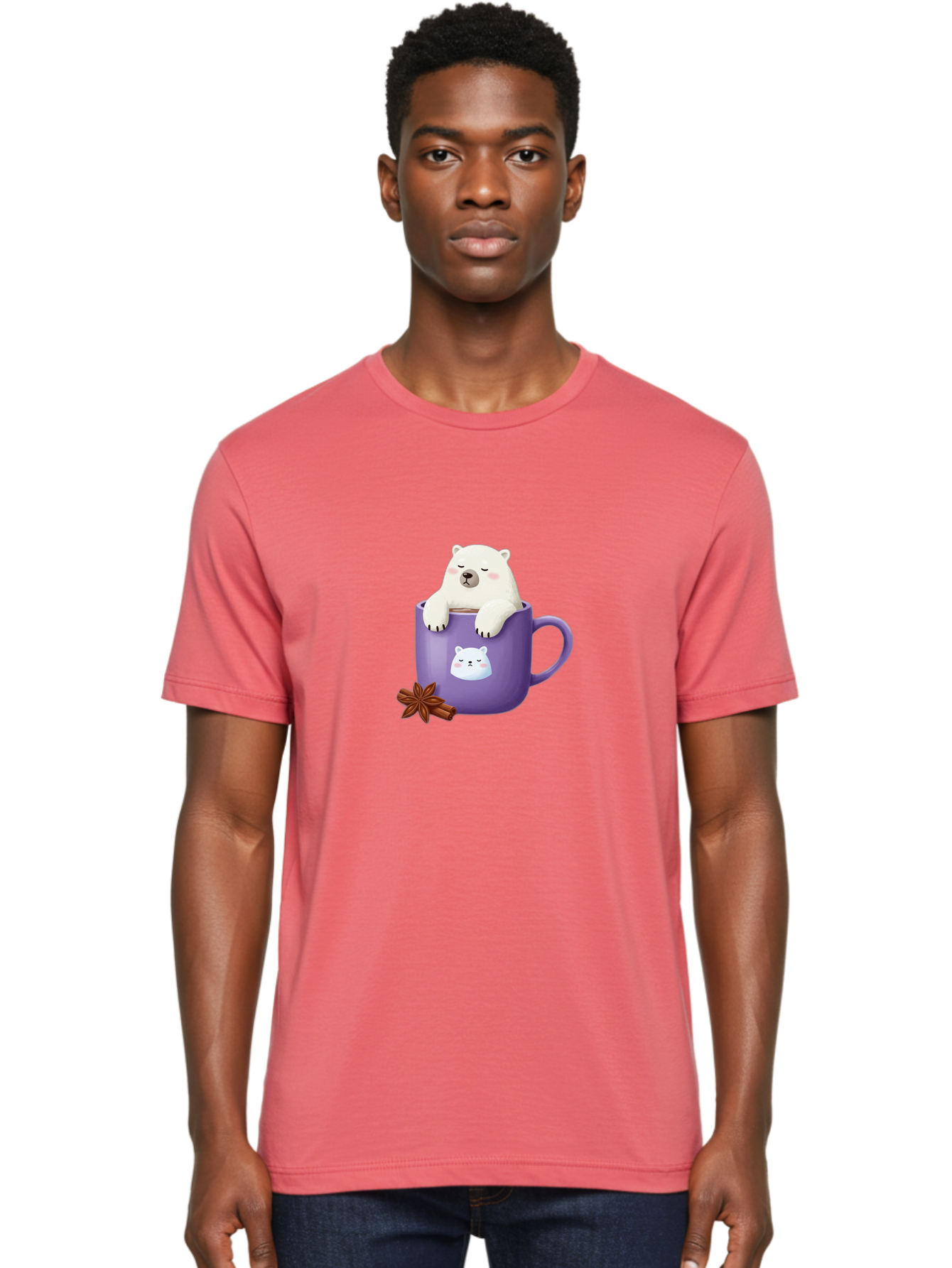 Polar-Bear-Mug-1 Men'S Graphic Tee, 100% Cotton, Comfortable Casual Summer Wear, Machine Washable, Polar Bear In A Tea Cup, Cute Bear Design, Adorable Cartoon Character, Purple Mug With Bear Face, Star Anise And Cinnamon Sticks, Bae658 26