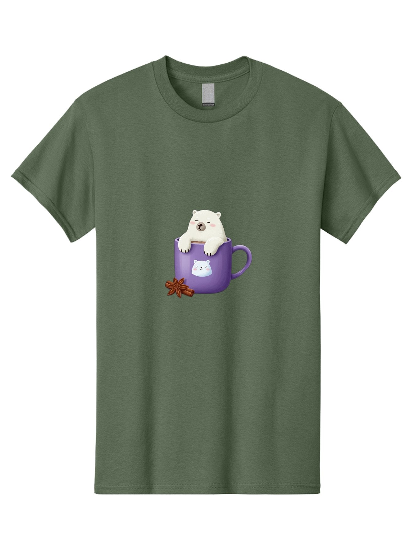 Polar-Bear-Mug-1 Men'S Graphic Tee, 100% Cotton, Comfortable Casual Summer Wear, Machine Washable, Polar Bear In A Tea Cup, Cute Bear Design, Adorable Cartoon Character, Purple Mug With Bear Face, Star Anise And Cinnamon Sticks, Bae658 8