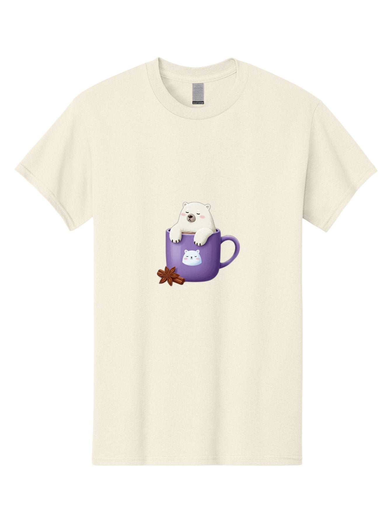 Polar-Bear-Mug-1 Men'S Graphic Tee, 100% Cotton, Comfortable Casual Summer Wear, Machine Washable, Polar Bear In A Tea Cup, Cute Bear Design, Adorable Cartoon Character, Purple Mug With Bear Face, Star Anise And Cinnamon Sticks, Bae658 13