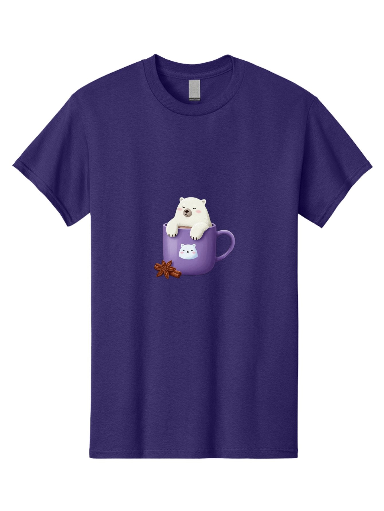Polar-Bear-Mug-1 Men'S Graphic Tee, 100% Cotton, Comfortable Casual Summer Wear, Machine Washable, Polar Bear In A Tea Cup, Cute Bear Design, Adorable Cartoon Character, Purple Mug With Bear Face, Star Anise And Cinnamon Sticks, Bae658 3