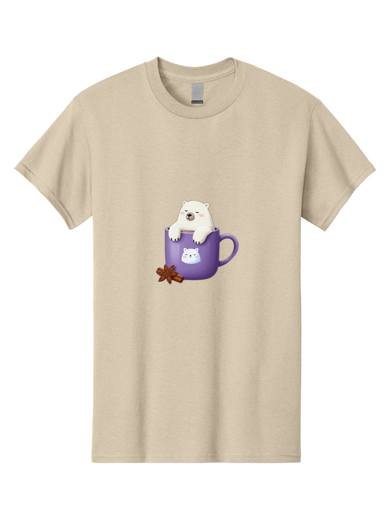 Polar-Bear-Mug-1 Men'S Graphic Tee, 100% Cotton, Comfortable Casual Summer Wear, Machine Washable, Polar Bear In A Tea Cup, Cute Bear Design, Adorable Cartoon Character, Purple Mug With Bear Face, Star Anise And Cinnamon Sticks, Bae658 5