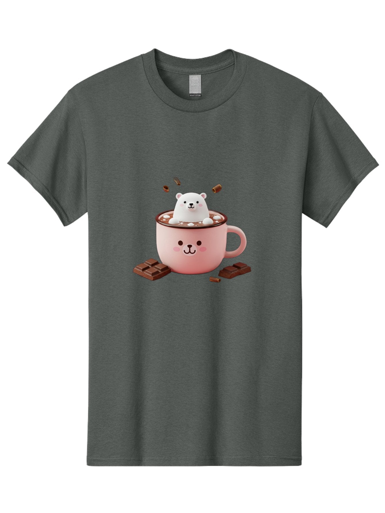 Polar-Bear-Mug Men'S Graphic Tee, 100% Cotton, Comfortable Casual Summer Wear, Machine Washable, Polar Bear In A Pink Mug, Hot Chocolate, Marshmallows, Chocolate Bars, Bear Face, Cartoon Style, Kawaii, Cute, Winter Vibe, Cozy Atmosphere Bae659
