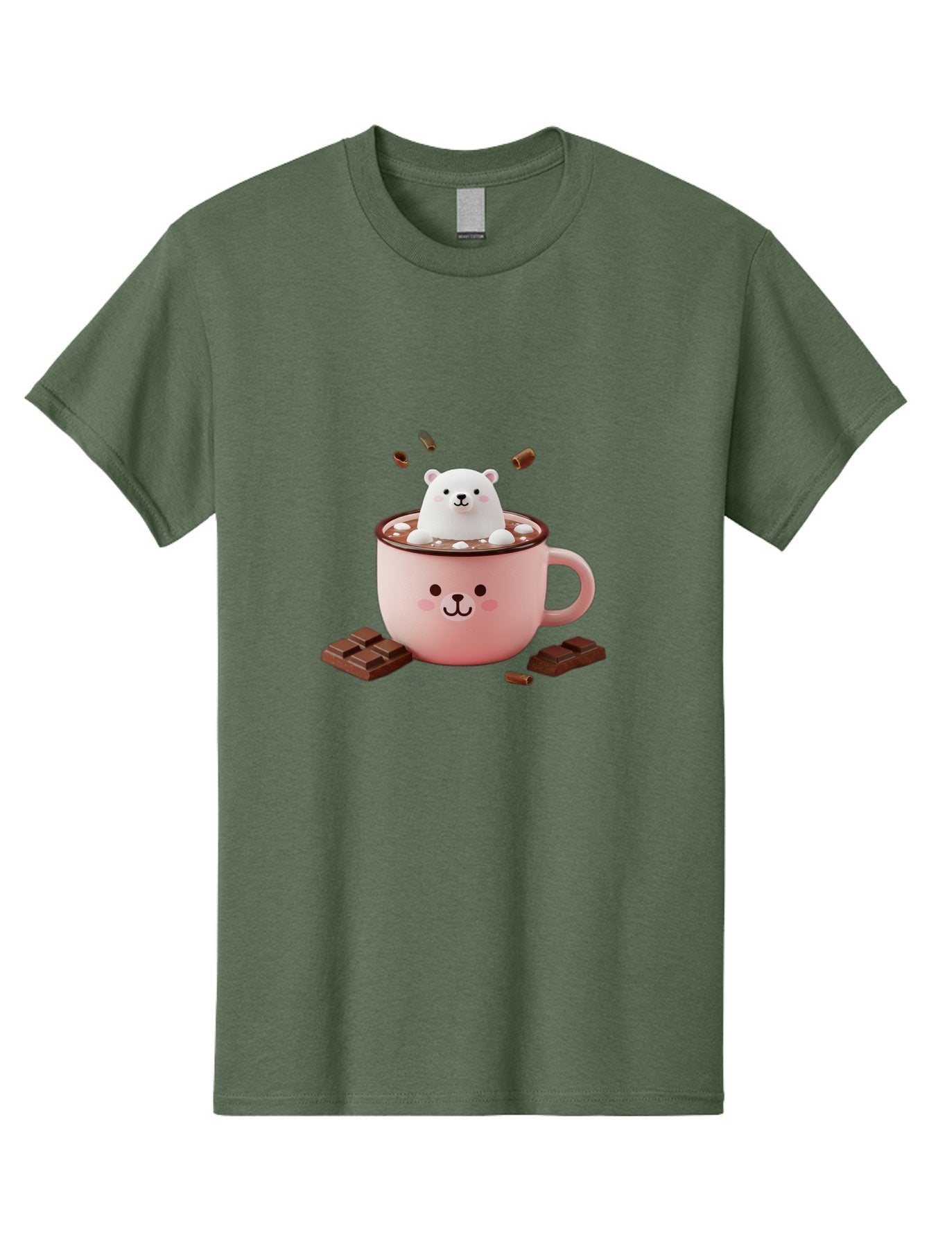 Polar-Bear-Mug Men'S Graphic Tee, 100% Cotton, Comfortable Casual Summer Wear, Machine Washable, Polar Bear In A Pink Mug, Hot Chocolate, Marshmallows, Chocolate Bars, Bear Face, Cartoon Style, Kawaii, Cute, Winter Vibe, Cozy Atmosphere Bae659 4