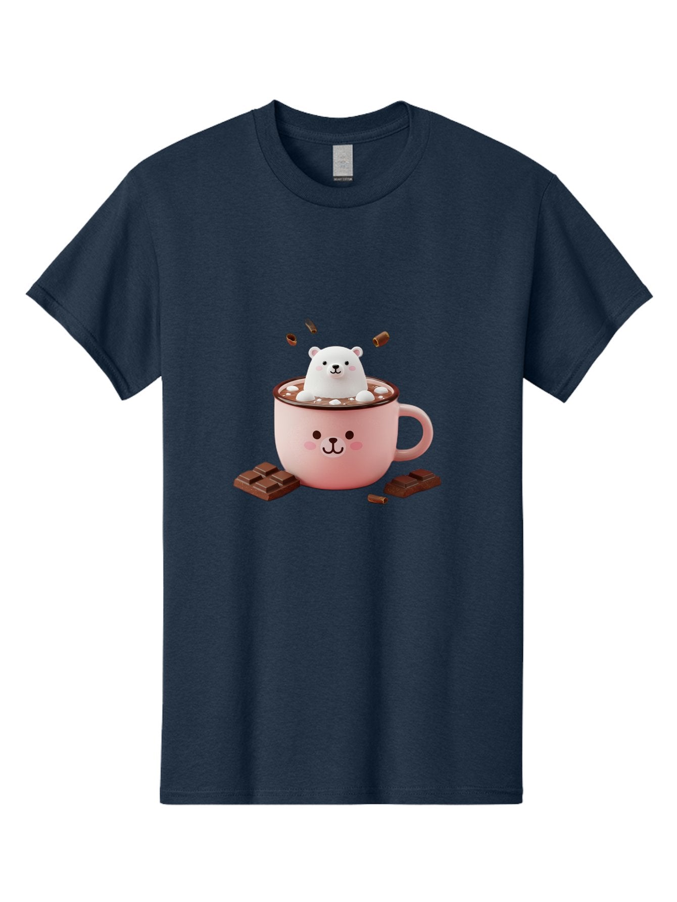 Polar-Bear-Mug Men'S Graphic Tee, 100% Cotton, Comfortable Casual Summer Wear, Machine Washable, Polar Bear In A Pink Mug, Hot Chocolate, Marshmallows, Chocolate Bars, Bear Face, Cartoon Style, Kawaii, Cute, Winter Vibe, Cozy Atmosphere Bae659 5