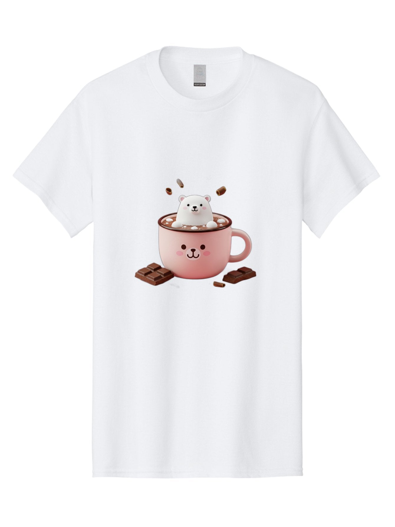 Polar-Bear-Mug Men'S Graphic Tee, 100% Cotton, Comfortable Casual Summer Wear, Machine Washable, Polar Bear In A Pink Mug, Hot Chocolate, Marshmallows, Chocolate Bars, Bear Face, Cartoon Style, Kawaii, Cute, Winter Vibe, Cozy Atmosphere Bae659 3
