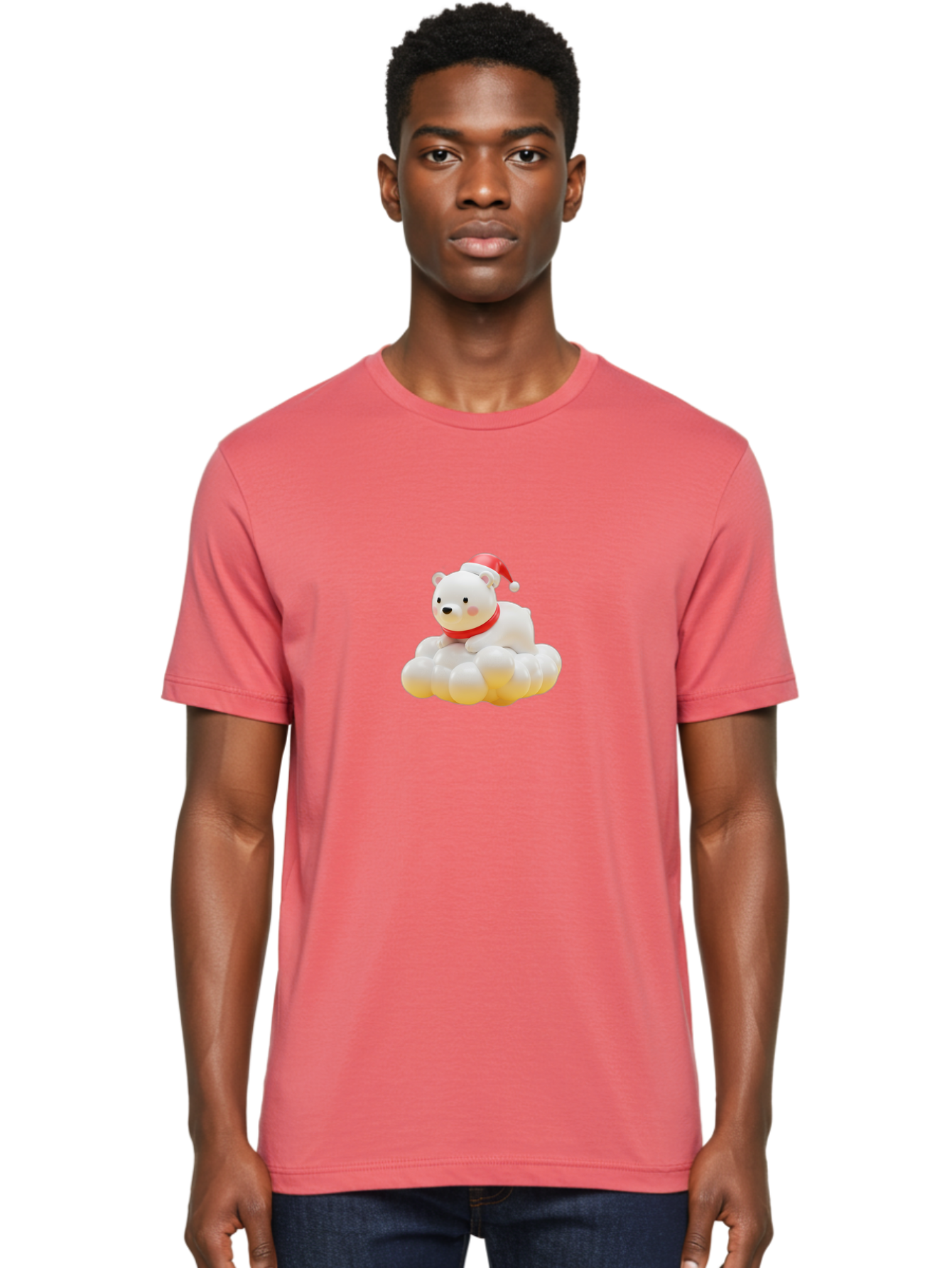Polar-Bear-On-Cloud Men'S Graphic Tee, 100% Cotton, Comfortable Casual Summer Wear, Machine Washable, White Polar Bear, Red Santa Hat, Red Scarf, Cute Figurine, Christmas Decoration, Holiday Icon, Winter Wonderland, Festive Character Bae663 19