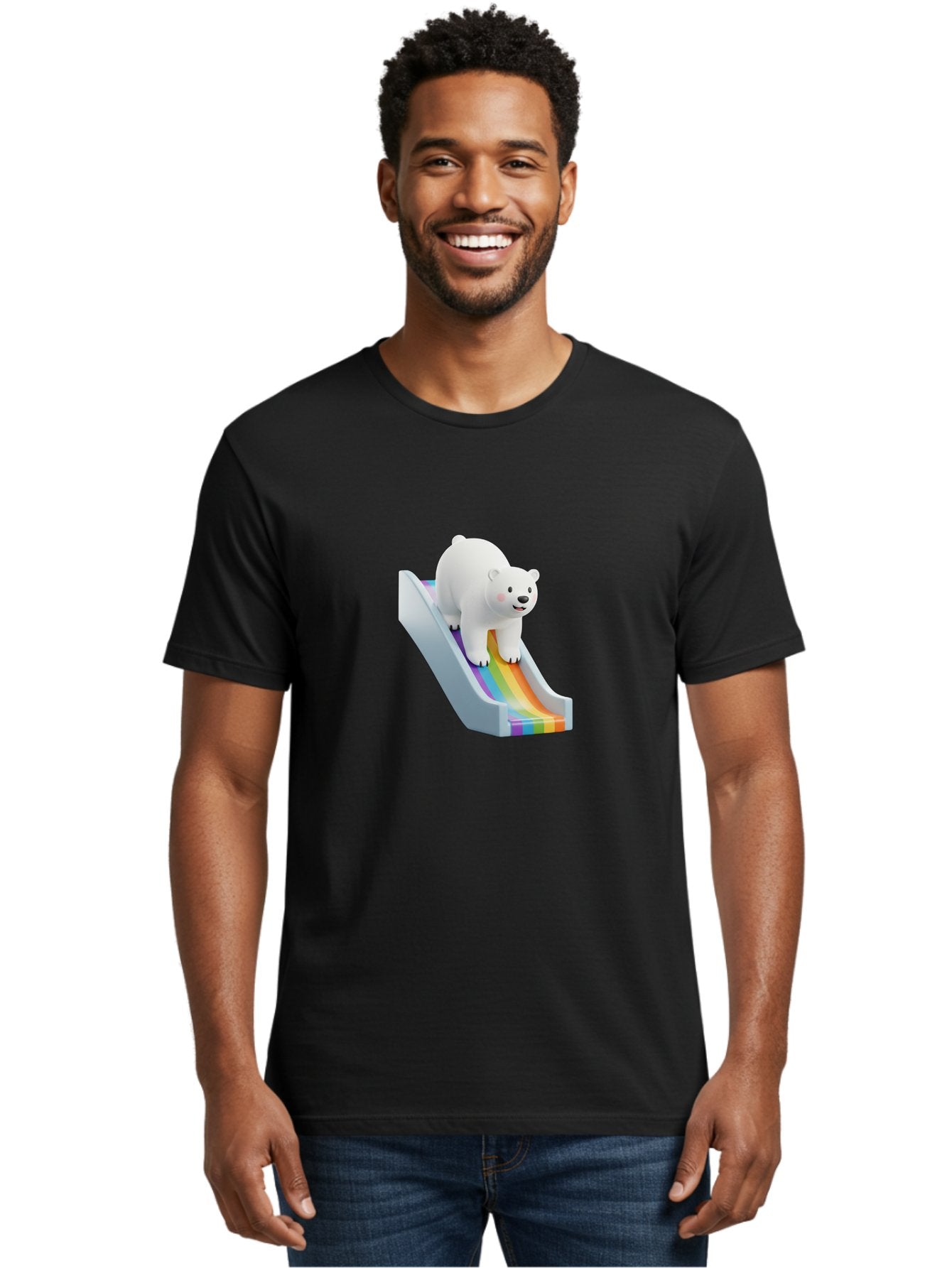 Polar-Bear-On-Slide Men'S Graphic Tee, 100% Cotton, Comfortable Casual Summer Wear, Machine Washable, Polar Bear On A Rainbow Slide, Cute Cartoon Bear, Playful Scene, 3D Illustration, Colorful Slide, Joyful Atmosphere, Kawaii Art, Bae667 25