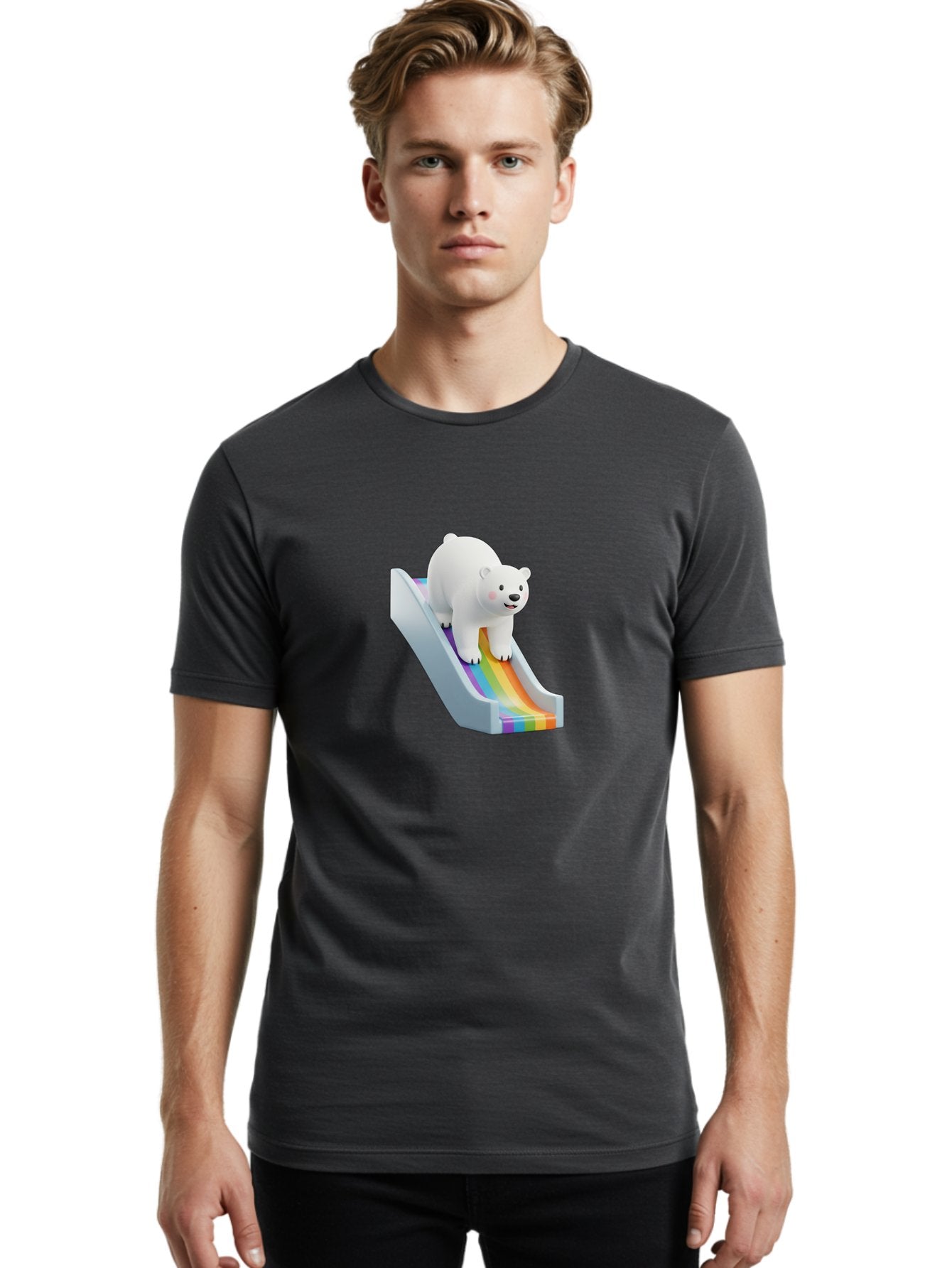 Polar-Bear-On-Slide Men'S Graphic Tee, 100% Cotton, Comfortable Casual Summer Wear, Machine Washable, Polar Bear On A Rainbow Slide, Cute Cartoon Bear, Playful Scene, 3D Illustration, Colorful Slide, Joyful Atmosphere, Kawaii Art, Bae667 24