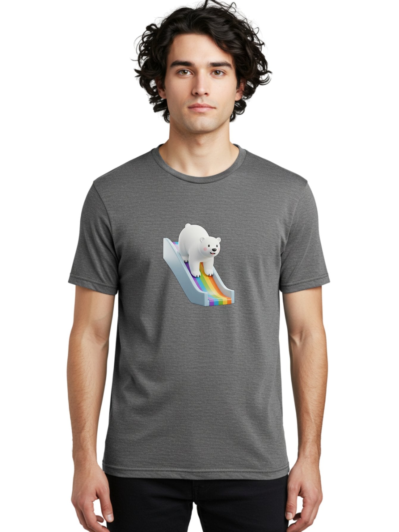 Polar-Bear-On-Slide Men'S Graphic Tee, 100% Cotton, Comfortable Casual Summer Wear, Machine Washable, Polar Bear On A Rainbow Slide, Cute Cartoon Bear, Playful Scene, 3D Illustration, Colorful Slide, Joyful Atmosphere, Kawaii Art, Bae667 30