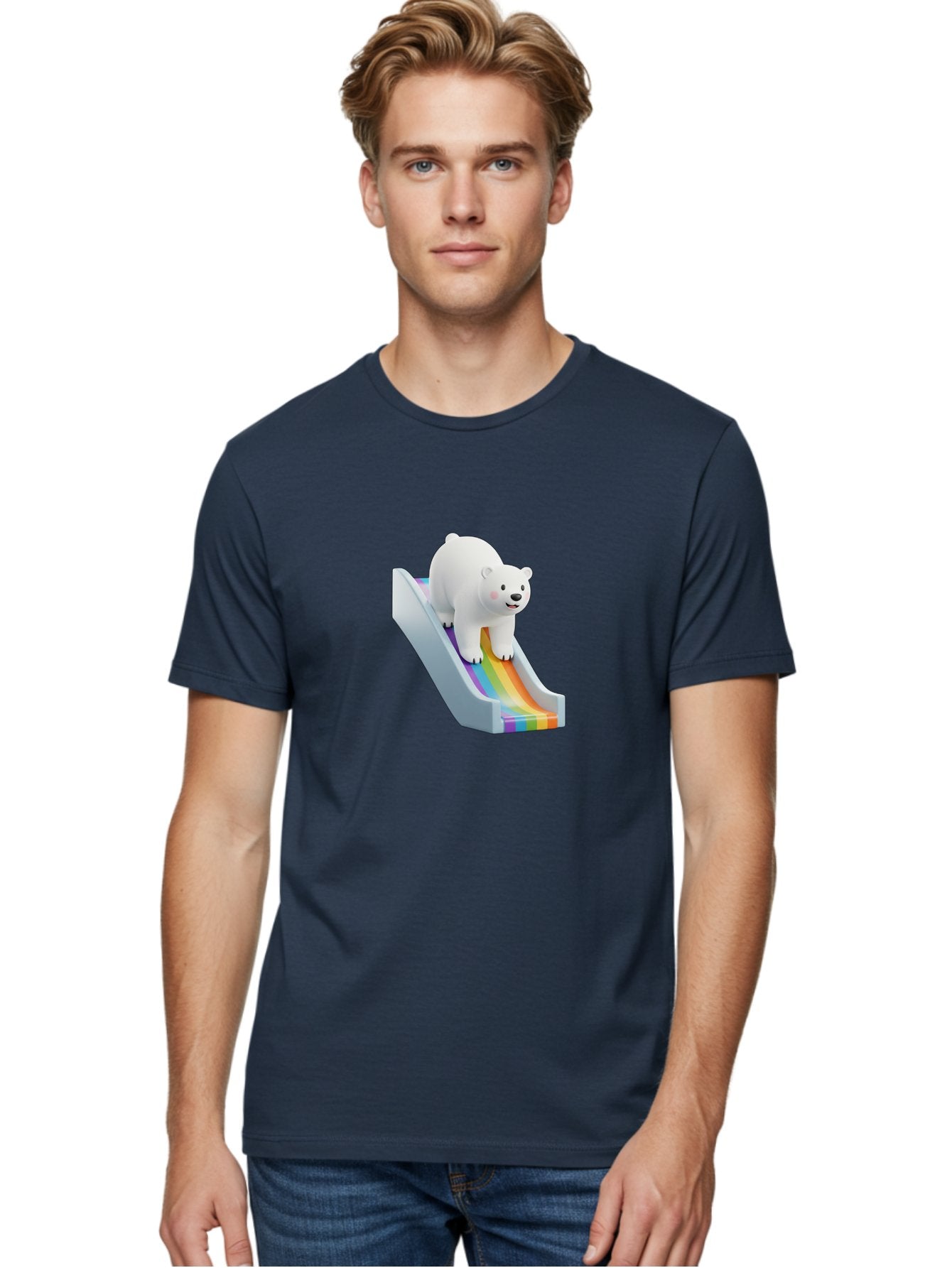 Polar-Bear-On-Slide Men'S Graphic Tee, 100% Cotton, Comfortable Casual Summer Wear, Machine Washable, Polar Bear On A Rainbow Slide, Cute Cartoon Bear, Playful Scene, 3D Illustration, Colorful Slide, Joyful Atmosphere, Kawaii Art, Bae667 16