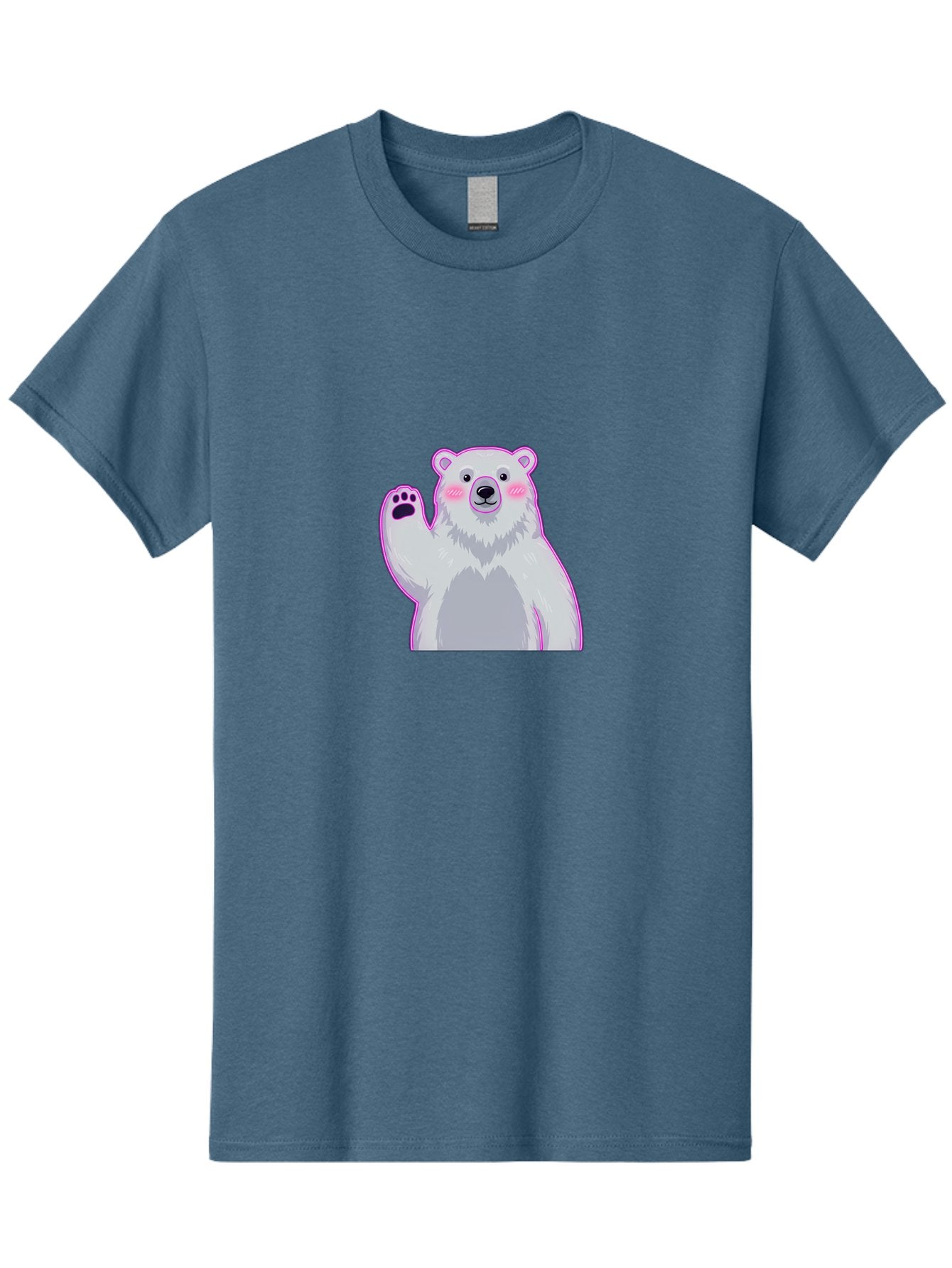 Polar-Bear-Waving Men'S Graphic Tee, 100% Cotton, Comfortable Casual Summer Wear, Machine Washable, Cartoon Polar Bear, Waving Hand, Cute Animal, Kawaii Illustration, Pink Cheeks, White Fur, Friendly Gesture, Adorable Character Bae669 3