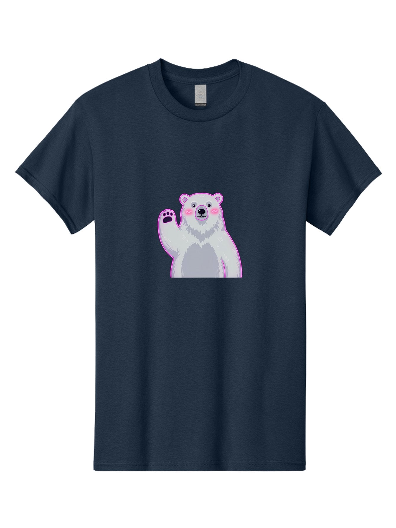 Polar-Bear-Waving Men'S Graphic Tee, 100% Cotton, Comfortable Casual Summer Wear, Machine Washable, Cartoon Polar Bear, Waving Hand, Cute Animal, Kawaii Illustration, Pink Cheeks, White Fur, Friendly Gesture, Adorable Character Bae669