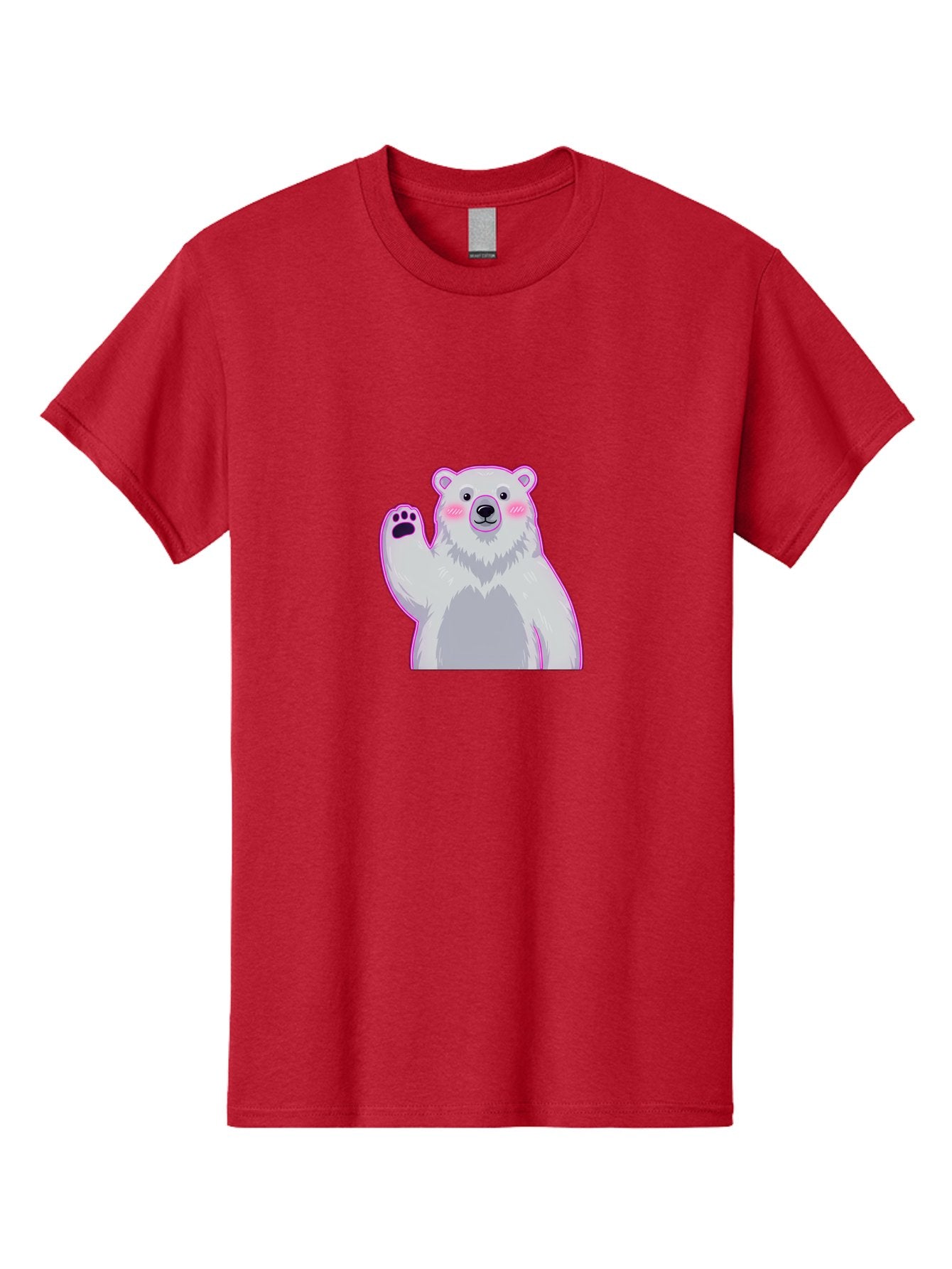 Polar-Bear-Waving Men'S Graphic Tee, 100% Cotton, Comfortable Casual Summer Wear, Machine Washable, Cartoon Polar Bear, Waving Hand, Cute Animal, Kawaii Illustration, Pink Cheeks, White Fur, Friendly Gesture, Adorable Character Bae669 6