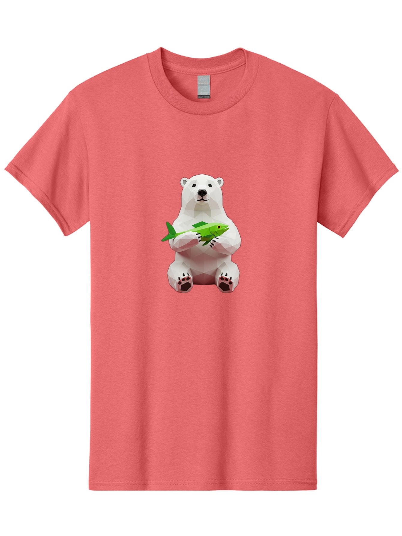 Polar-Bear-With-Fish-1 Men'S Graphic Tee, 100% Cotton, Comfortable Casual Summer Wear, Machine Washable, Low-Poly Polar Bear, 3D Illustration, Holding Fish, Arctic Wildlife, Geometric Art, Polar Bear Illustration, Wildlife Artwork, Bae670