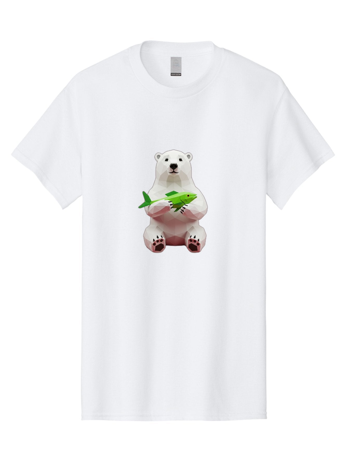 Polar-Bear-With-Fish-1 Men'S Graphic Tee, 100% Cotton, Comfortable Casual Summer Wear, Machine Washable, Low-Poly Polar Bear, 3D Illustration, Holding Fish, Arctic Wildlife, Geometric Art, Polar Bear Illustration, Wildlife Artwork, Bae670 12