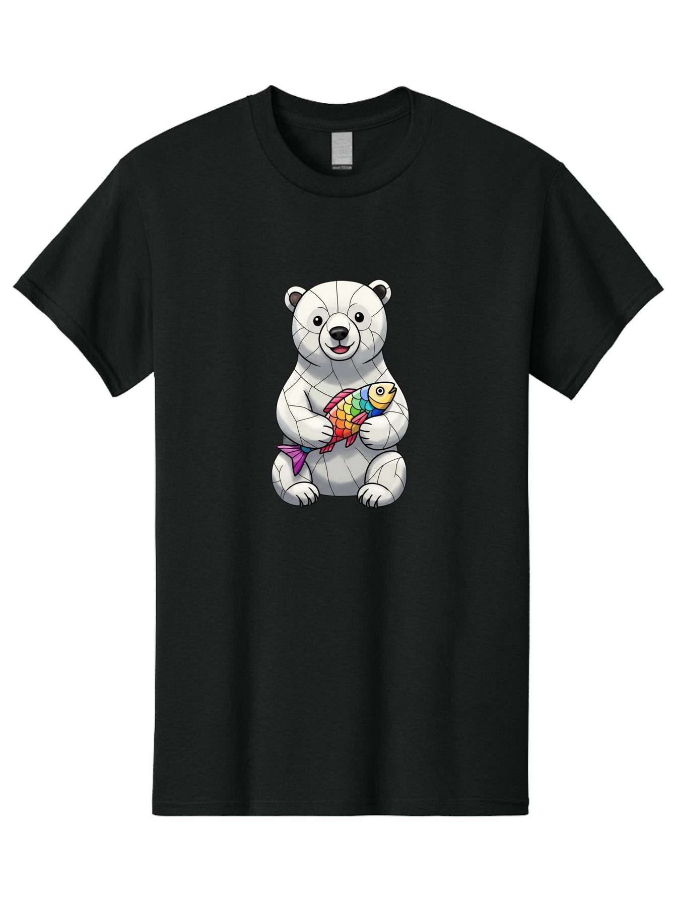 Polar-Bear-With-Fish-2 Men'S Graphic Tee, 100% Cotton, Comfortable Casual Summer Wear, Machine Washable, Polar Bear Holding Koi Fish, Cartoon Polar Bear, Rainbow Fish, White Bear, Colorful Art, Digital Illustration, Cute Bear, Playful Design, Bae671 3