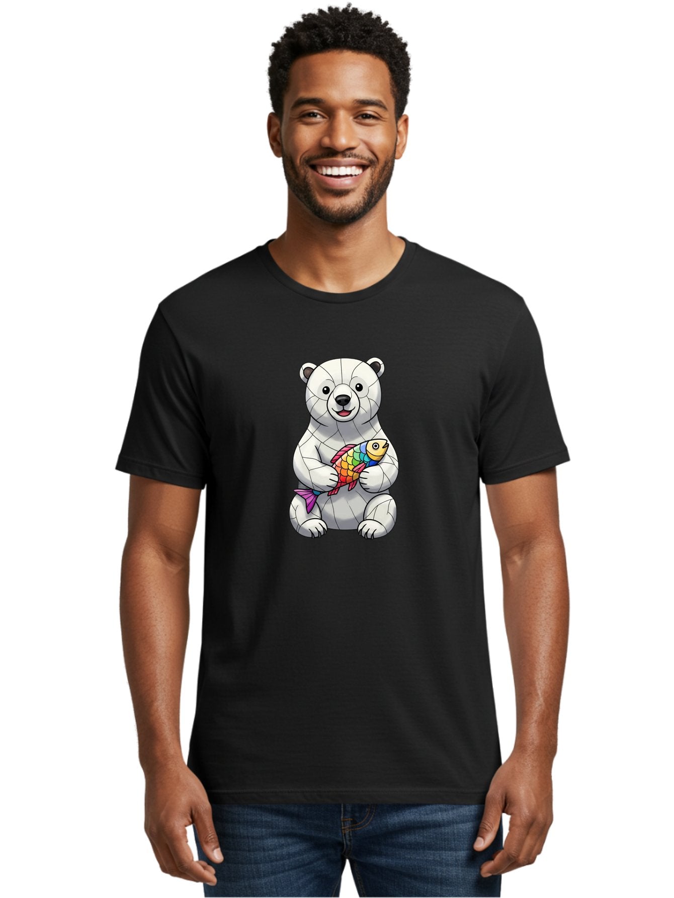 Polar-Bear-With-Fish-2 Men'S Graphic Tee, 100% Cotton, Comfortable Casual Summer Wear, Machine Washable, Polar Bear Holding Koi Fish, Cartoon Polar Bear, Rainbow Fish, White Bear, Colorful Art, Digital Illustration, Cute Bear, Playful Design, Bae671 22