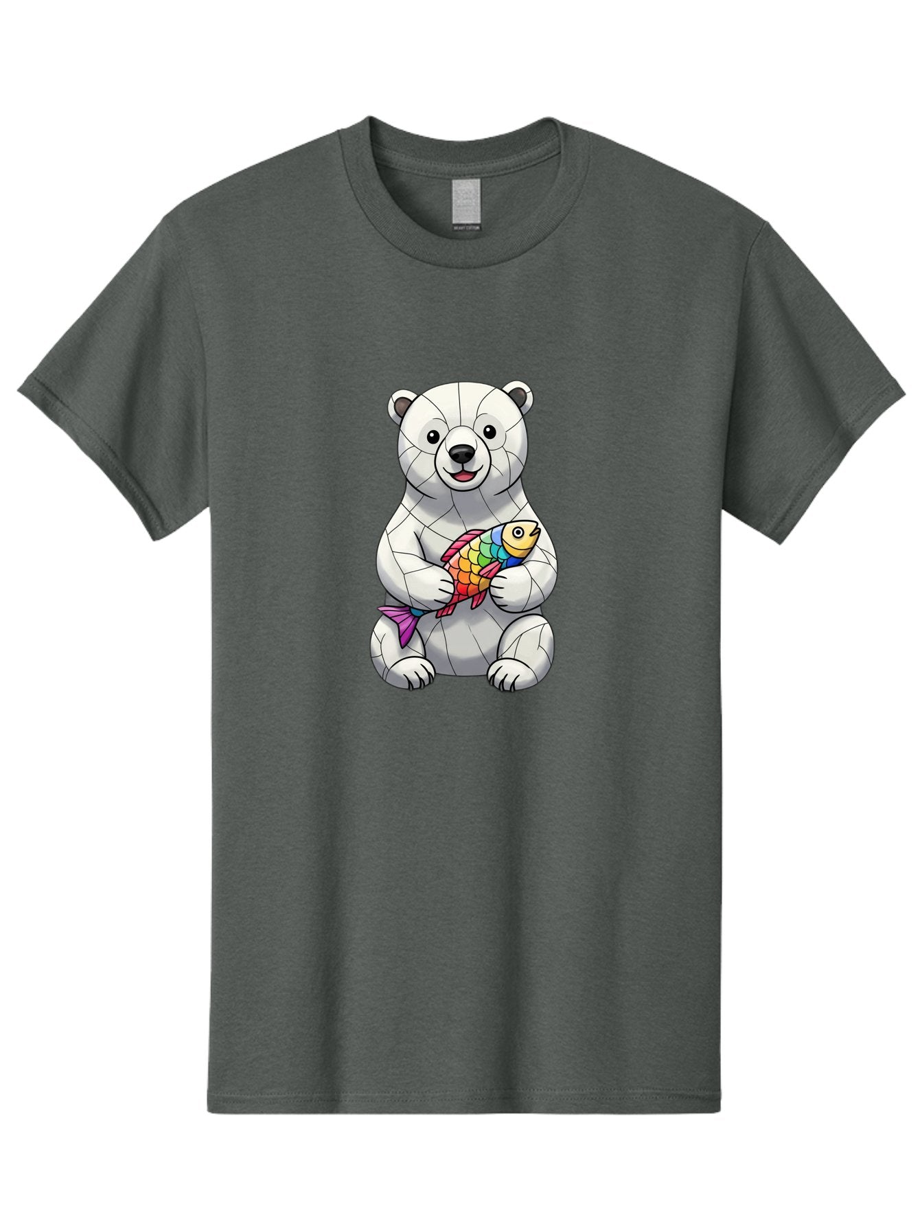 Polar-Bear-With-Fish-2 Men'S Graphic Tee, 100% Cotton, Comfortable Casual Summer Wear, Machine Washable, Polar Bear Holding Koi Fish, Cartoon Polar Bear, Rainbow Fish, White Bear, Colorful Art, Digital Illustration, Cute Bear, Playful Design, Bae671 12
