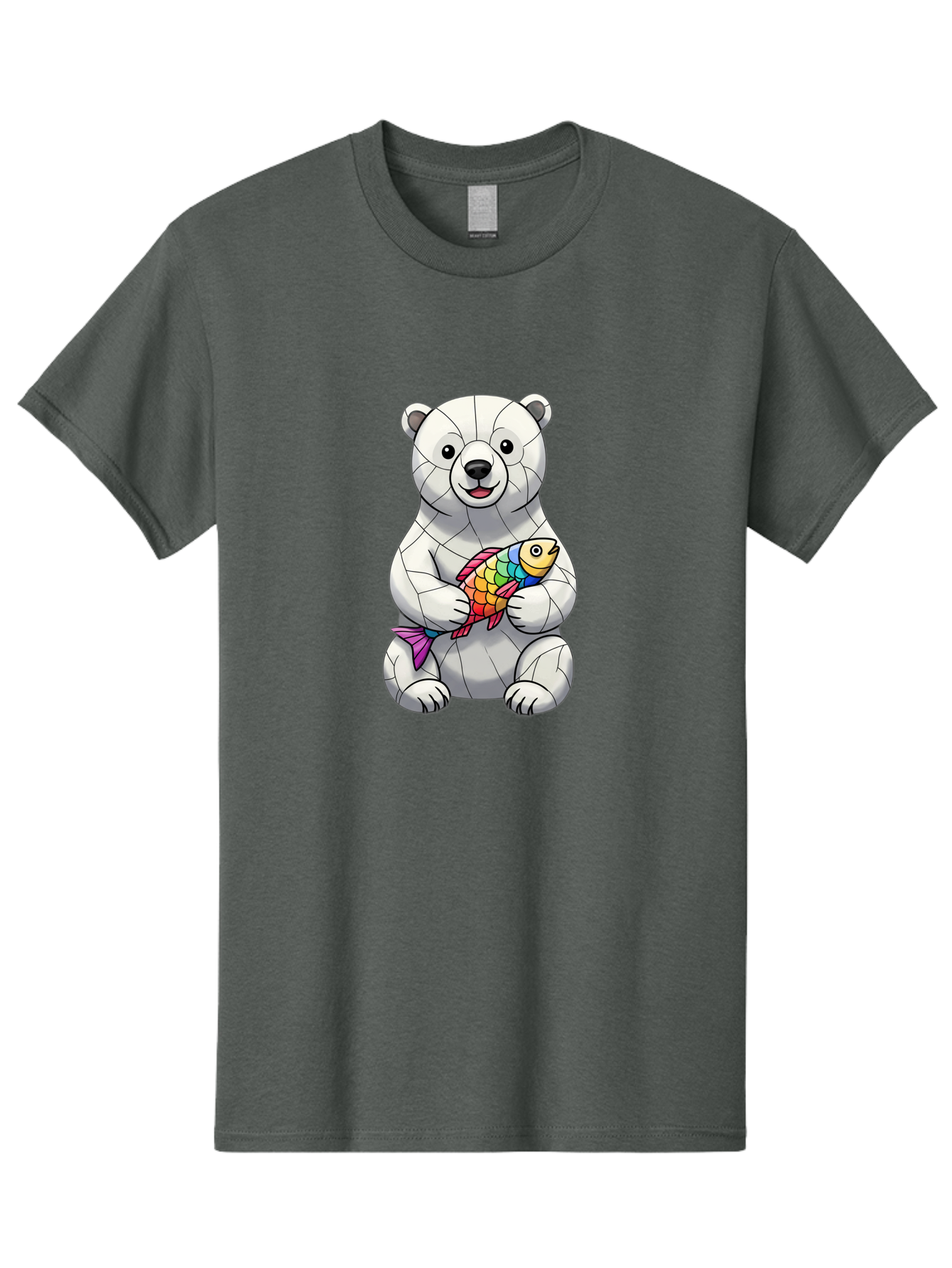 Polar-Bear-With-Fish-2 Men'S Graphic Tee, 100% Cotton, Comfortable Casual Summer Wear, Machine Washable, Polar Bear Holding Koi Fish, Cartoon Polar Bear, Rainbow Fish, White Bear, Colorful Art, Digital Illustration, Cute Bear, Playful Design, Bae671 3