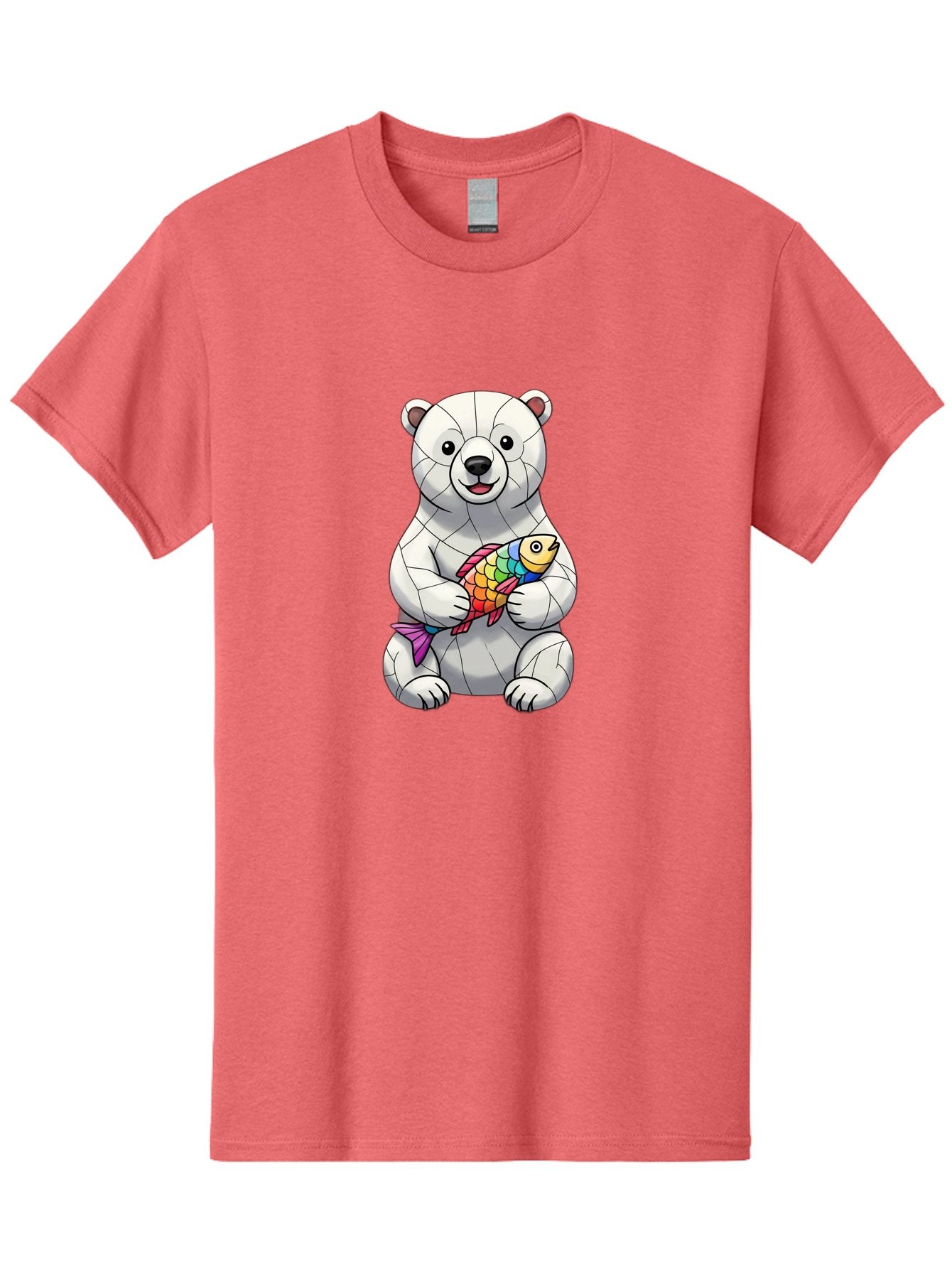 Polar-Bear-With-Fish-2 Men'S Graphic Tee, 100% Cotton, Comfortable Casual Summer Wear, Machine Washable, Polar Bear Holding Koi Fish, Cartoon Polar Bear, Rainbow Fish, White Bear, Colorful Art, Digital Illustration, Cute Bear, Playful Design, Bae671 11