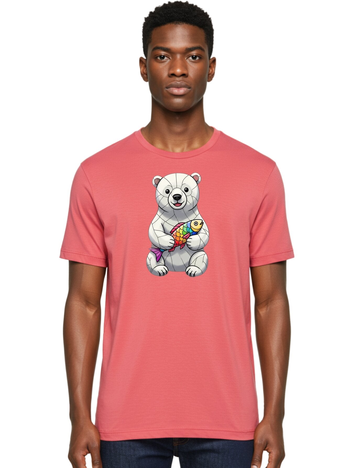 Polar-Bear-With-Fish-2 Men'S Graphic Tee, 100% Cotton, Comfortable Casual Summer Wear, Machine Washable, Polar Bear Holding Koi Fish, Cartoon Polar Bear, Rainbow Fish, White Bear, Colorful Art, Digital Illustration, Cute Bear, Playful Design, Bae671 27