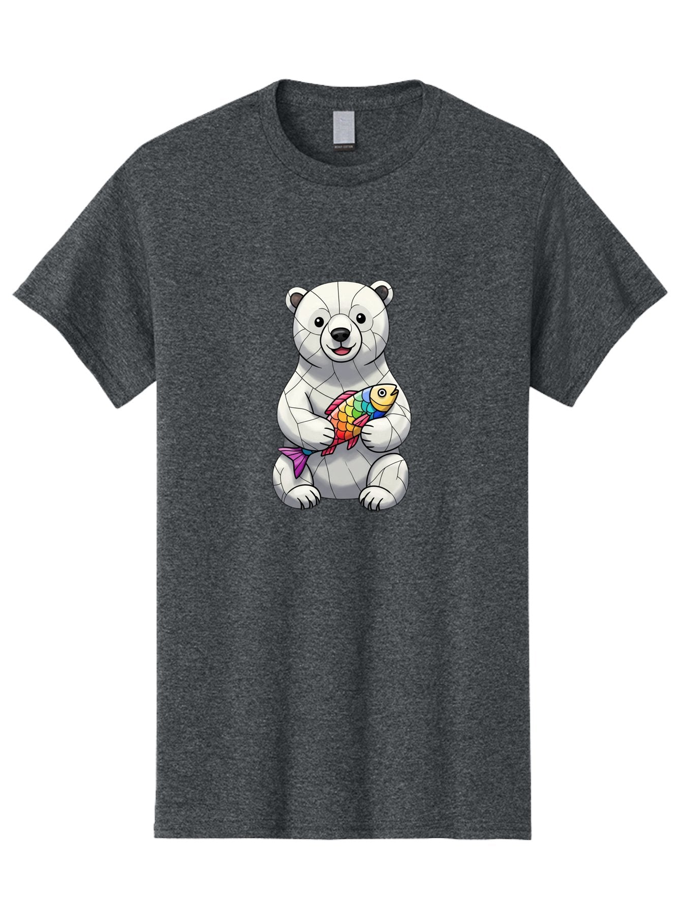 Polar-Bear-With-Fish-2 Men'S Graphic Tee, 100% Cotton, Comfortable Casual Summer Wear, Machine Washable, Polar Bear Holding Koi Fish, Cartoon Polar Bear, Rainbow Fish, White Bear, Colorful Art, Digital Illustration, Cute Bear, Playful Design, Bae671 9