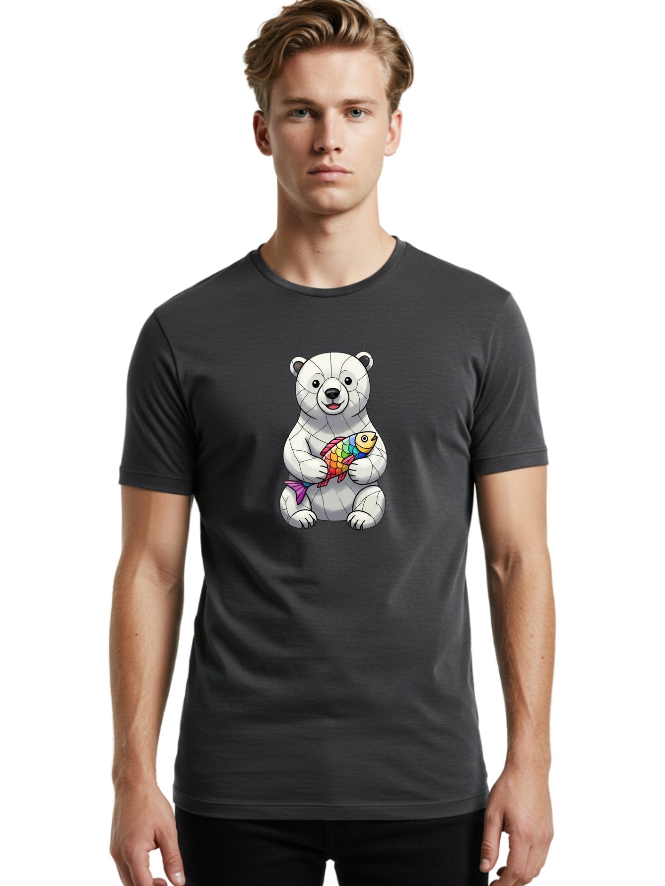 Polar-Bear-With-Fish-2 Men'S Graphic Tee, 100% Cotton, Comfortable Casual Summer Wear, Machine Washable, Polar Bear Holding Koi Fish, Cartoon Polar Bear, Rainbow Fish, White Bear, Colorful Art, Digital Illustration, Cute Bear, Playful Design, Bae671 26