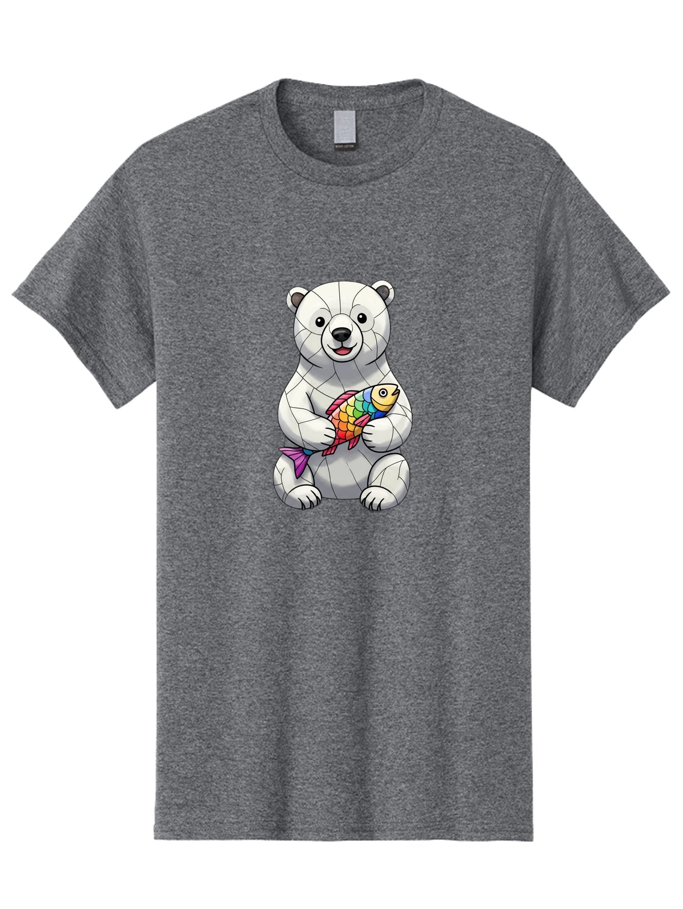 Polar-Bear-With-Fish-2 Men'S Graphic Tee, 100% Cotton, Comfortable Casual Summer Wear, Machine Washable, Polar Bear Holding Koi Fish, Cartoon Polar Bear, Rainbow Fish, White Bear, Colorful Art, Digital Illustration, Cute Bear, Playful Design, Bae671 6
